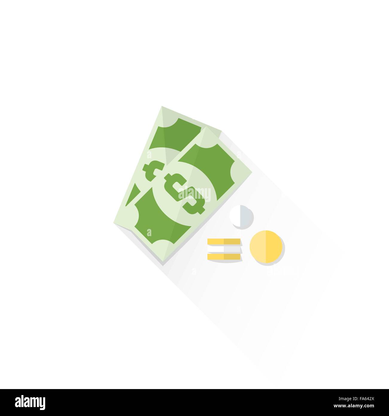 Vektor-Dollar-Schein und Münzen farbige flache Bauweise isoliert Bargeld Geld Abbildung auf weißem Hintergrund mit Schatten Stock Vektor