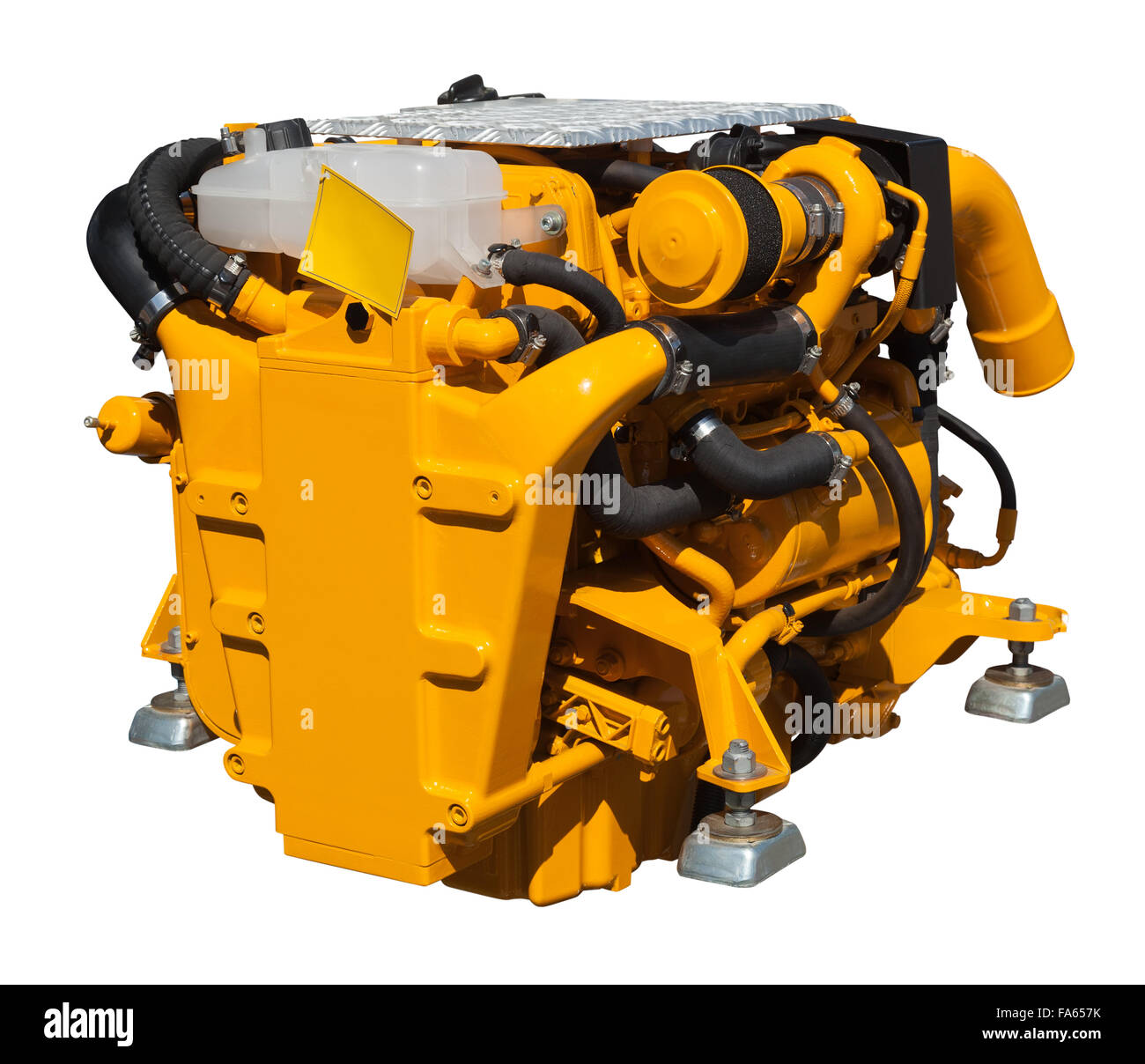 Neue gelbe Motor auf weißem Hintergrund Stockfoto