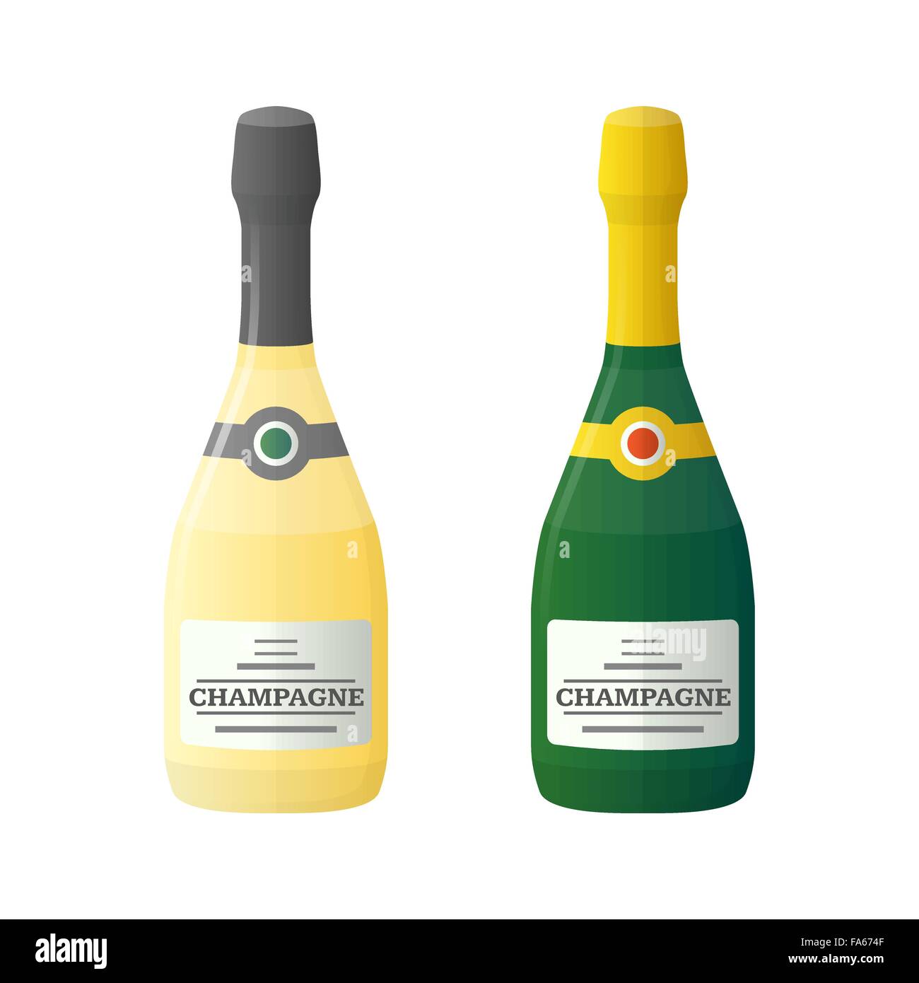 Vektor-Farbe flaches Design leichte dunkle Champagnerflaschen isoliert Illustration auf weißem Hintergrund Stock Vektor
