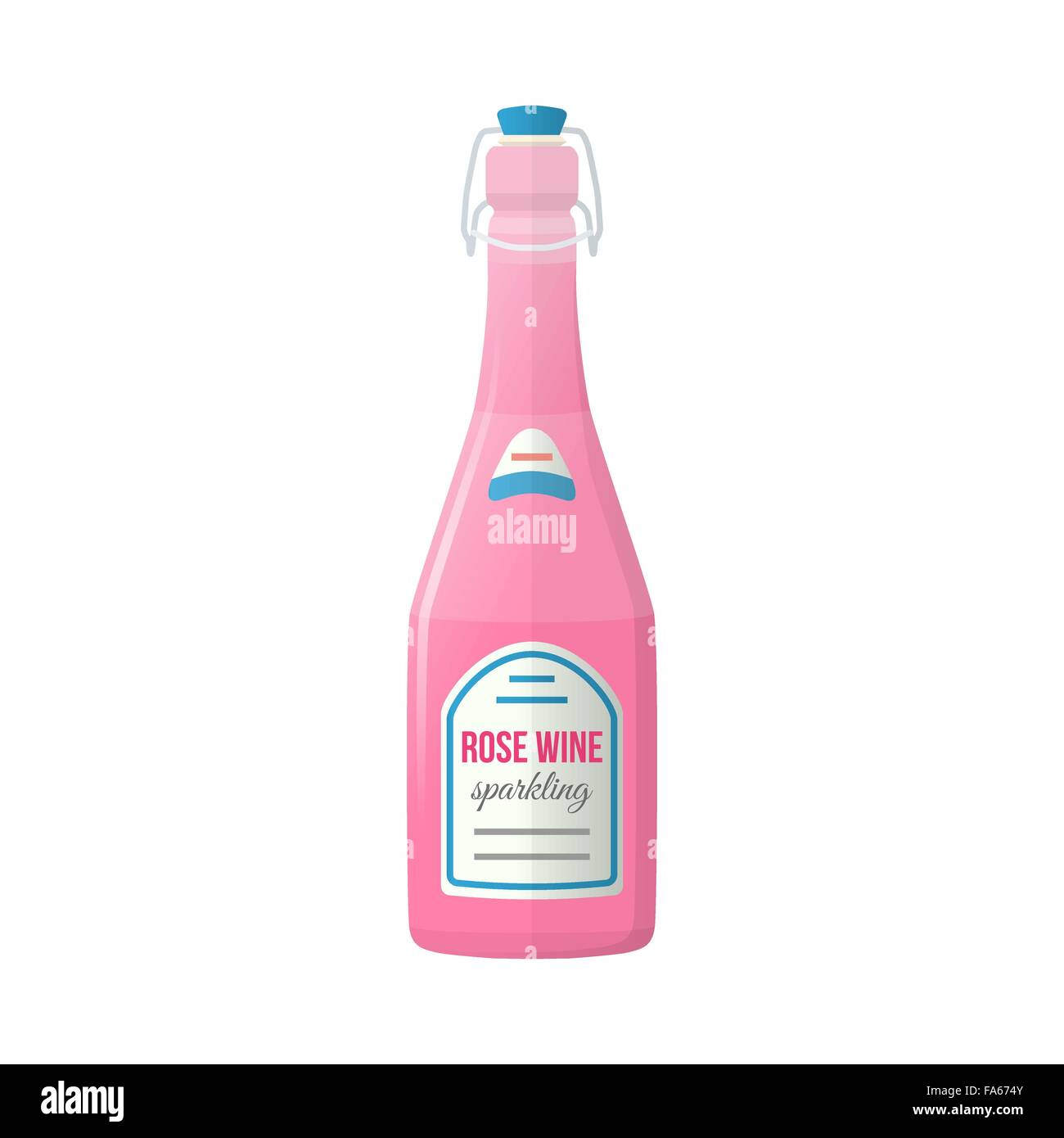Vektor rosa Farbe flaches Design rose Blitz Stopper Flasche Sekt mit Etikett isoliert auf weißem Hintergrund Stock Vektor