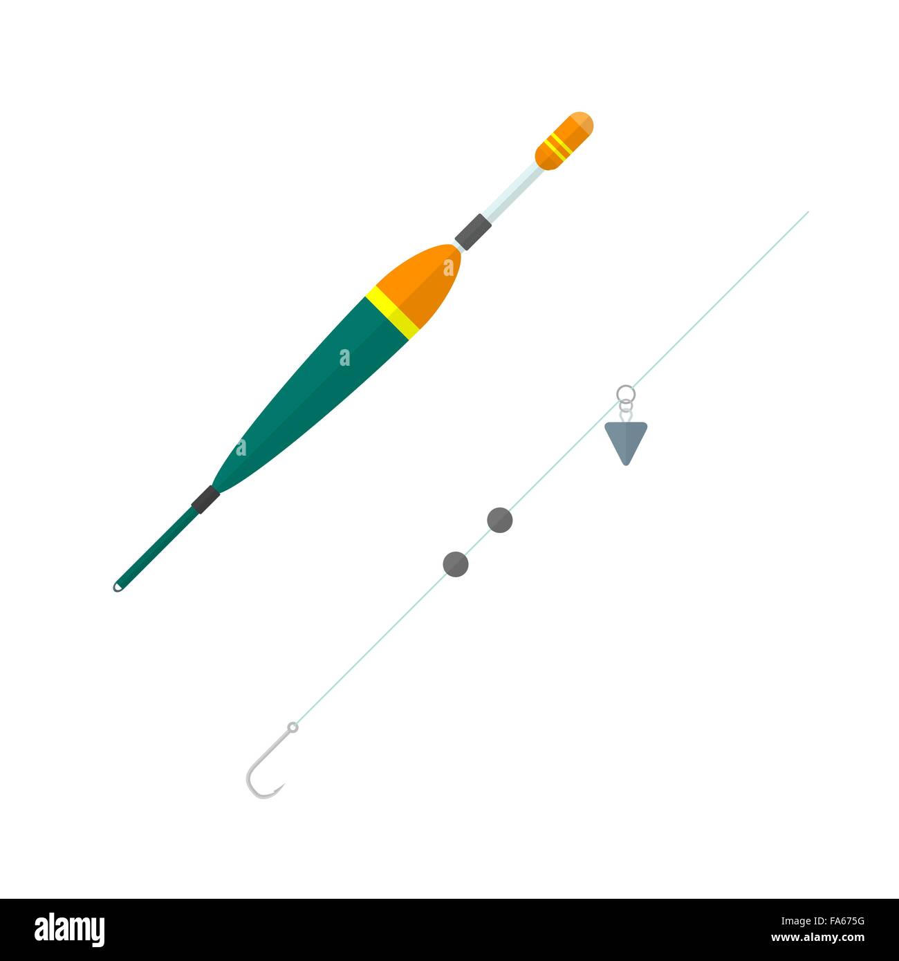Vektor-farbige flache Design orange rot grün Schwimmer Haken aus Metall Blei stürzt Setup isoliert Illustration weißen Hintergrund Stock Vektor