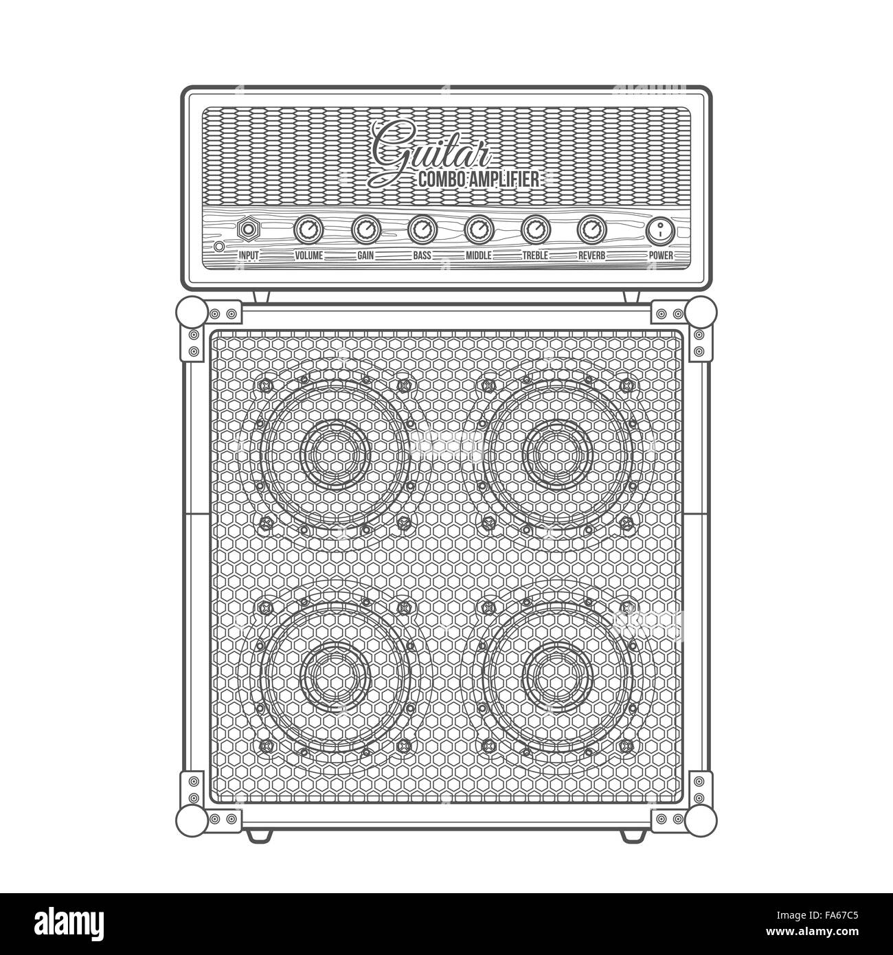 Vektor-schwarze Farbe Kontur Retro-Gitarren Combo Verstärker Kabinett technische Illustration isoliert weißen Hintergrund Stock Vektor