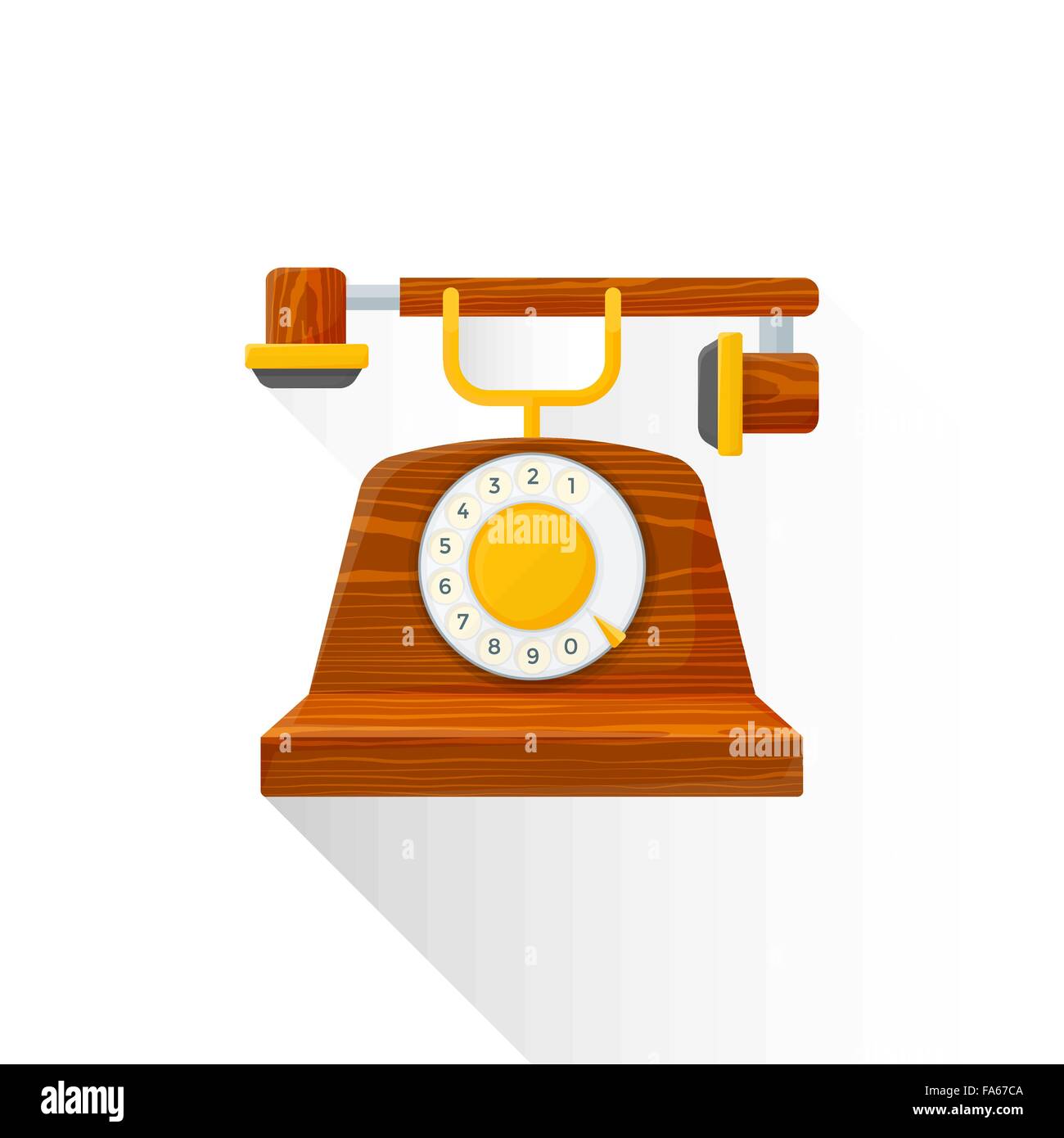 Vektor-farbige flache Bauweise, dass Holz strukturiert Retro-Festnetz Dial Telefon Abbildung isoliert weißen Hintergrund lange Schatten Stock Vektor