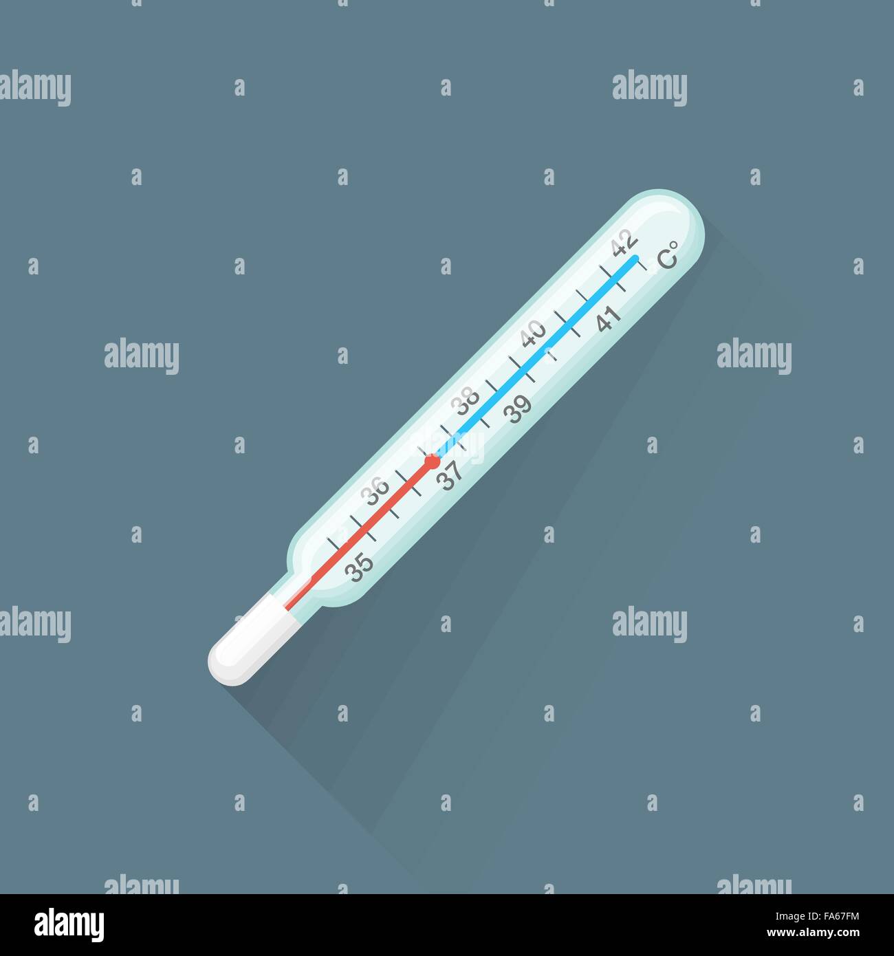 Vektor-farbige flache Design Glas medizinische Quecksilber Thermometer Abbildung isoliert dunklen Hintergrund lange Schatten Stock Vektor