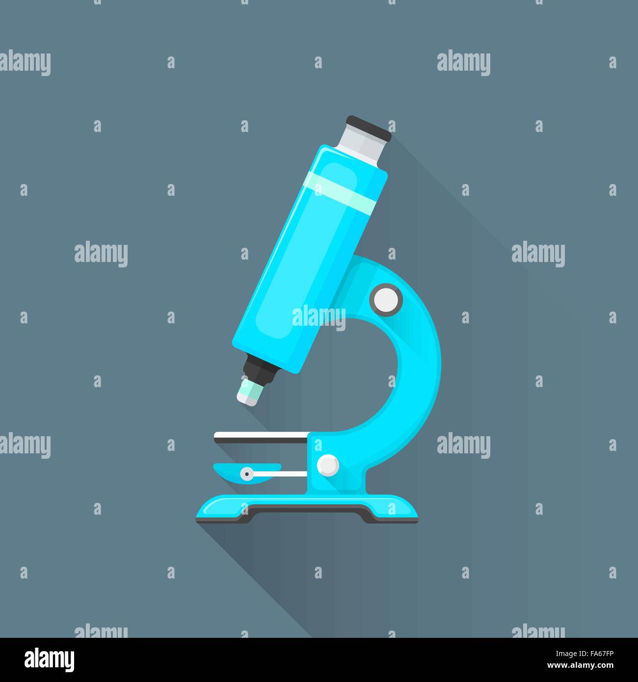 Vektor-farbige blaue flache Design Labor Mikroskop Abbildung isoliert dunklen Hintergrund lange Schatten Stock Vektor