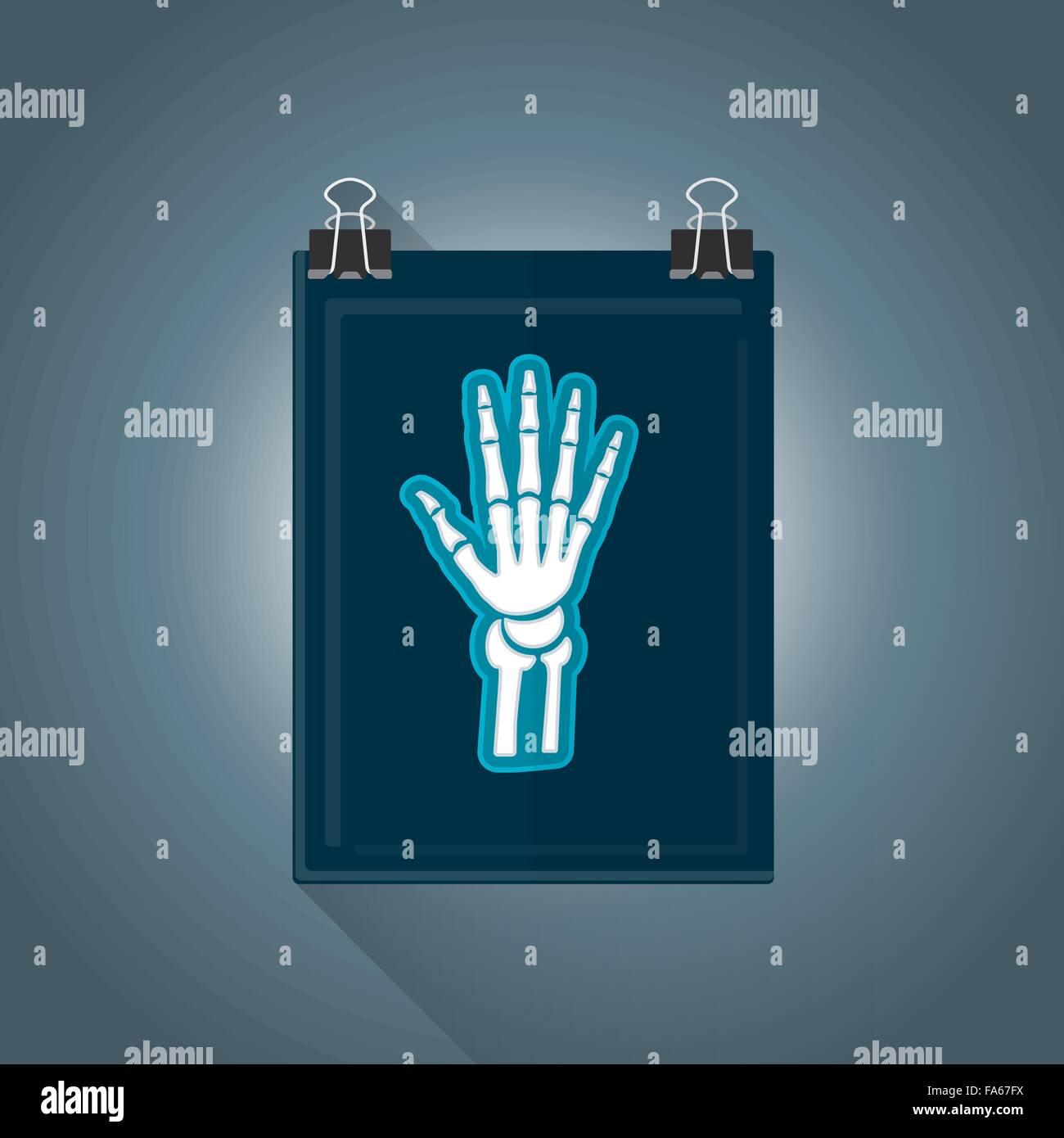 Vektor-farbige flache Bauweise Röntgen Röntgen Hand Bild Illustration isoliert dunklen Hintergrund lange Schatten Stock Vektor