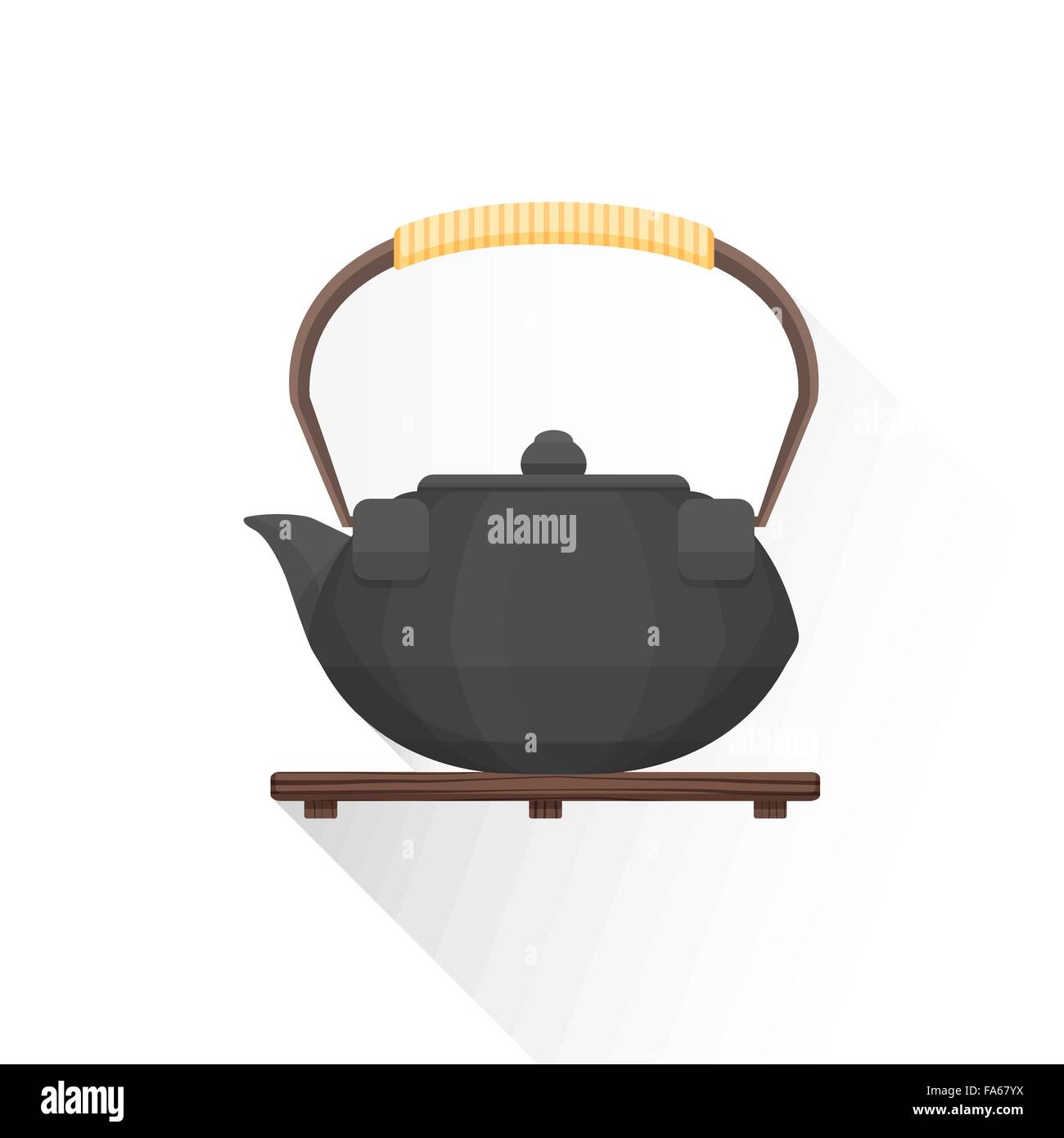 Vektor schwarze Farbe flaches Design asiatische Gusseisen Teekanne auf Holzständer-Bambus-Griff-Illustration isoliert weißen Hintergrund l Stock Vektor