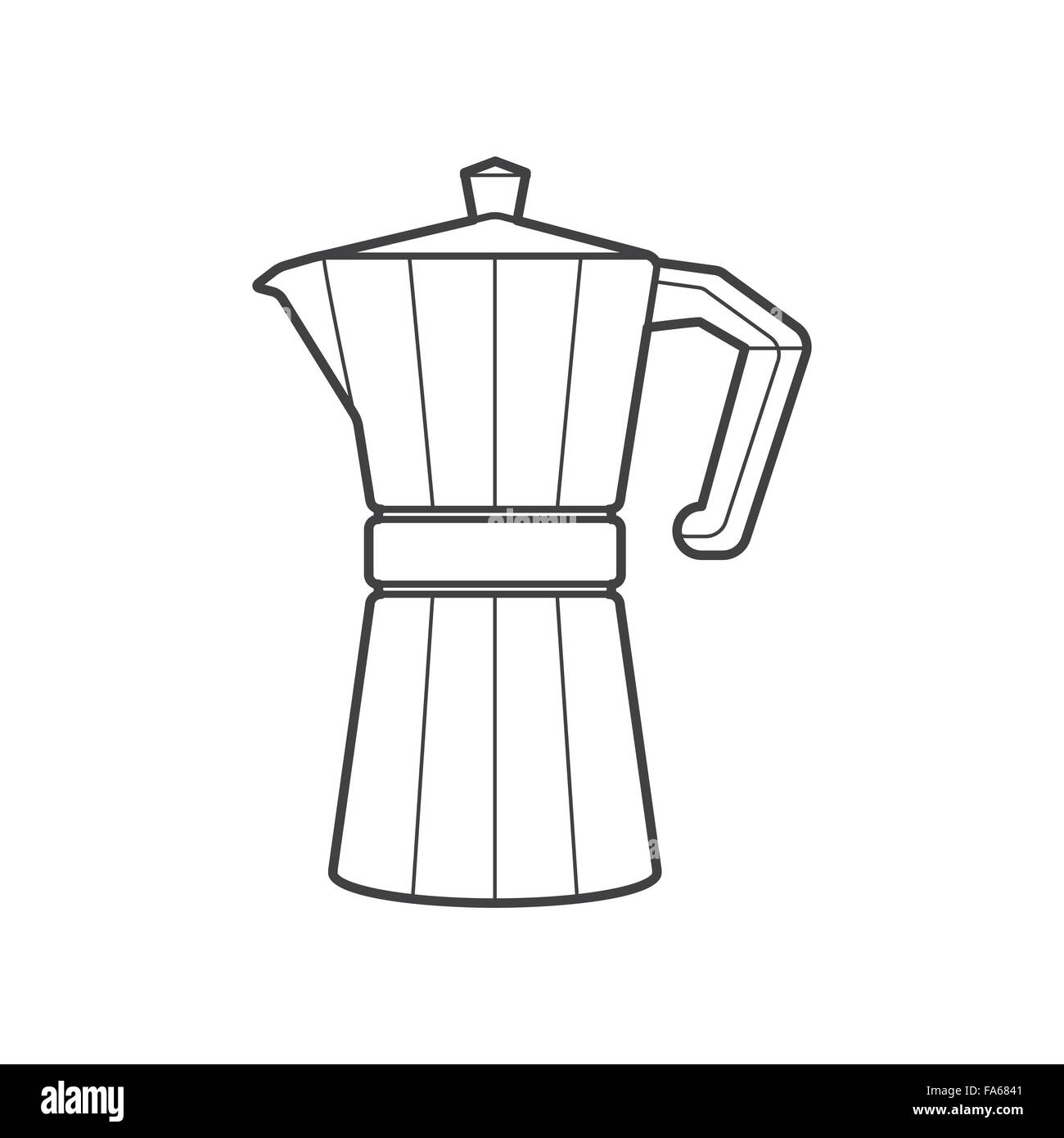 Vektor-monochrome Kontur Metall Retro-italienische Kaffeemaschine mit Kappe und Griff isoliert schwarzen Umriss Abbildung auf weiße Rückseite Stock Vektor