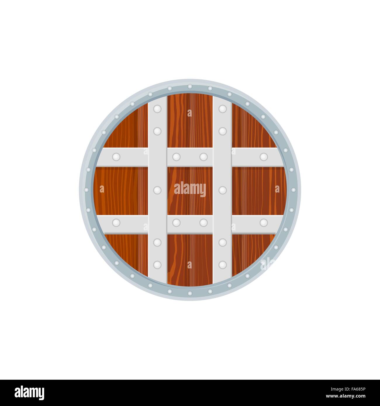 Vektor-Colorer flache Bauweise mittelalterlichen Holz Texturen gekreuzt Metallelementen Runde Krieger Schild isoliert Abbildung auf weiß b Stock Vektor