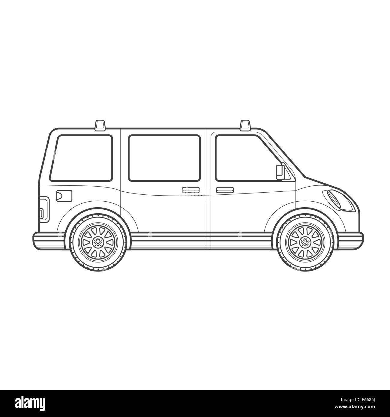 Vektor-schwarz monochrome Kontur Passagier Minivan Körper Typ Fahrzeug Illustration isoliert weißen Hintergrund Stock Vektor