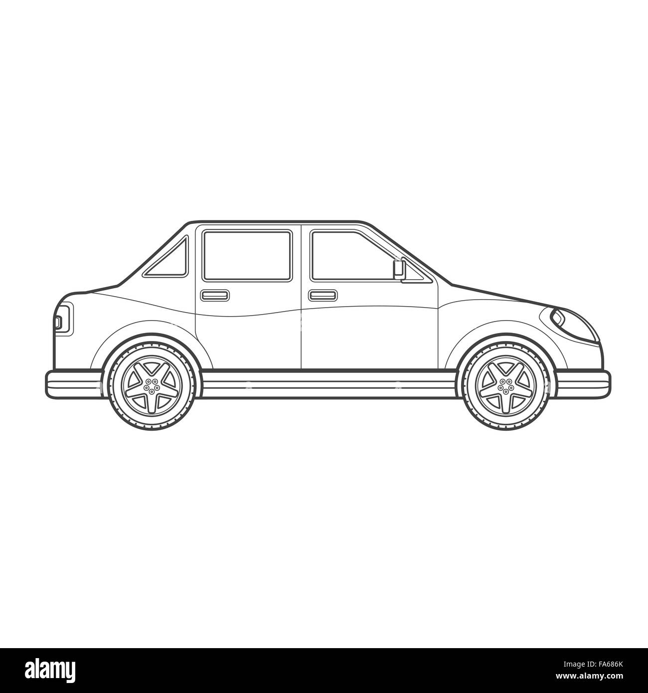 Vector schwarz monochrome Kontur 4-türige Limousine Körper Typ Fahrzeug Illustration isoliert weißen Hintergrund Stock Vektor