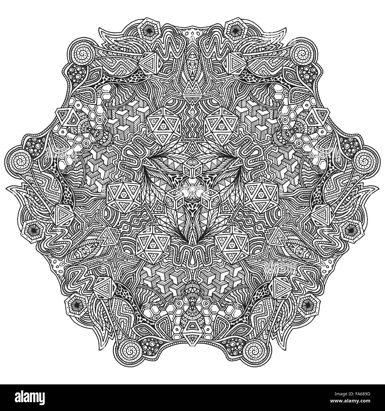 Vector schwarz handgezeichneten monochrome kaleidoskopischen geometrische Zentangle isoliert Umriss Abbildung auf weißem Hintergrund Stock Vektor