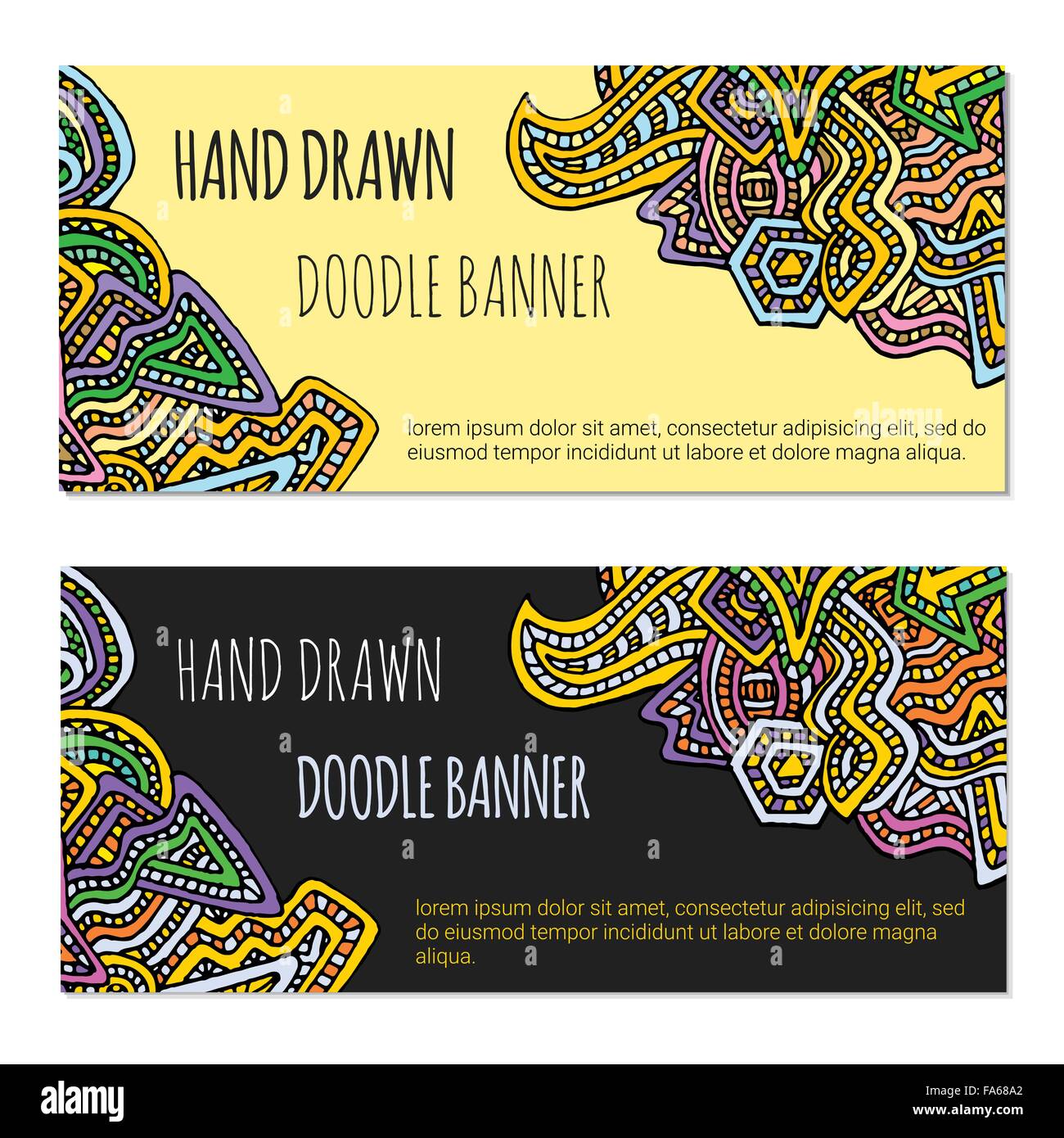 Vector gelb gefärbt und schwarze abstrakte Doodle Design horizontale Banner Vorlagen isoliert auf weißem Hintergrund Stock Vektor