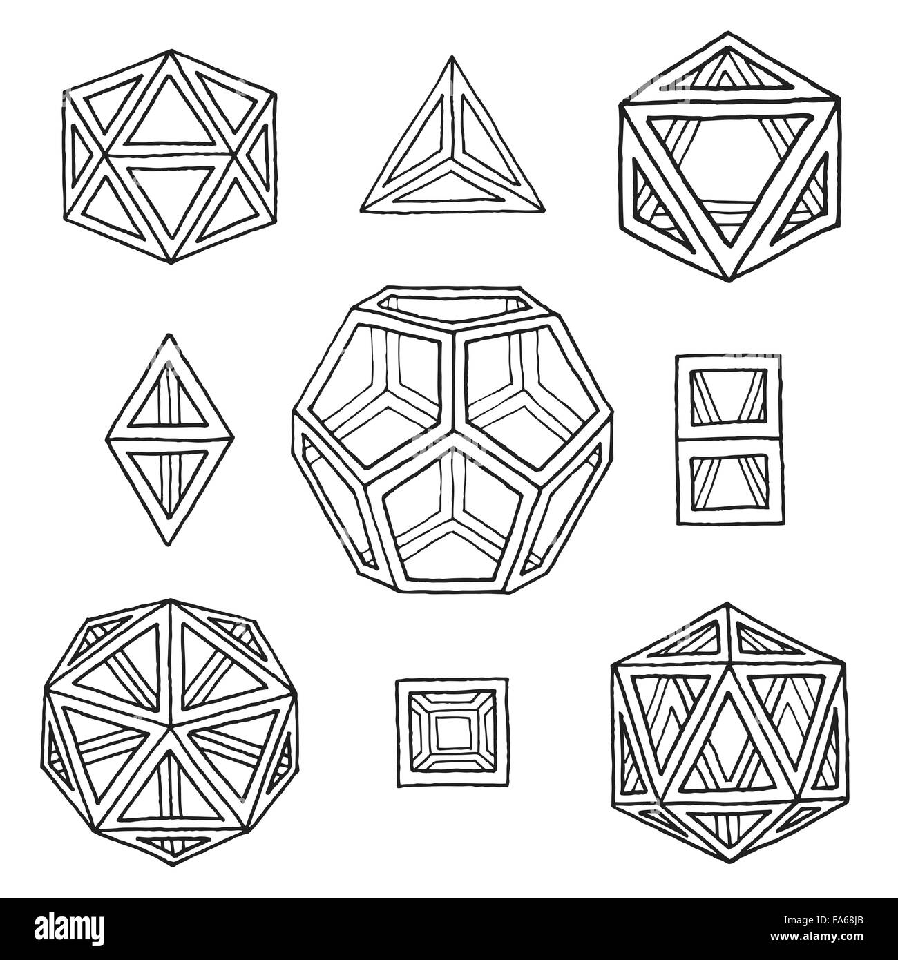 Vektor-schwarzer Umrandung handgezeichnete monochrome platonischen Körper Tetraeder, Würfel, Hexaeder, Oktaeder, Dodekaeder, Ikosaeder Stock Vektor
