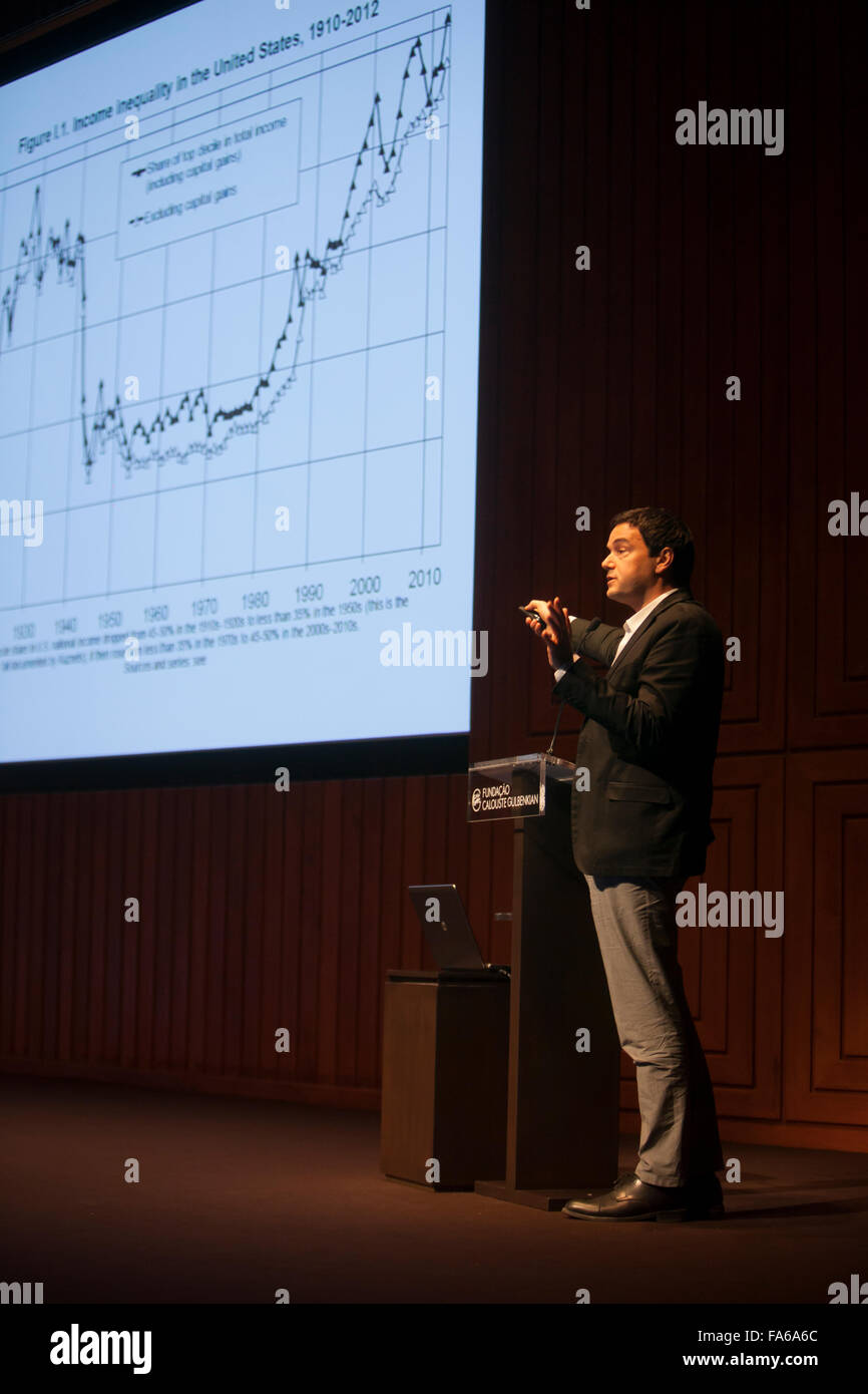 Thomas Piketty, französischer Ökonom arbeitet auf Reichtum und Einkommensungleichheit, bei einem Besuch in Portugal. Stockfoto