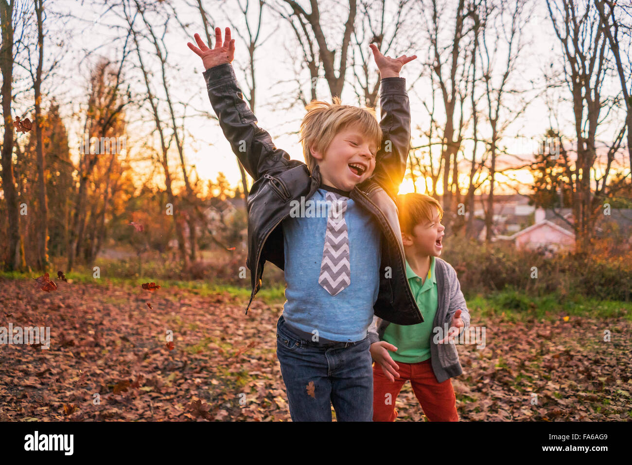 Zwei jungen Flickschusterei mit Herbstlaub Stockfoto
