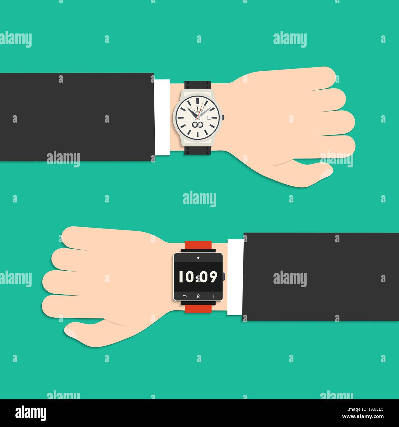 Analoge Uhr und Smartwatch auf Unternehmer Seite. Flache Business-Hintergrund mit Symbolen für Ihr design Stock Vektor