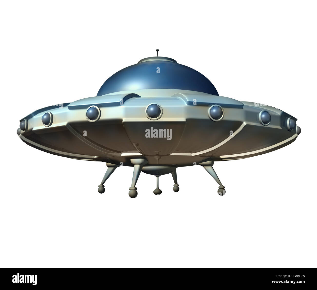 Fliegende Untertasse Raumschiff isoliert auf einem weißen Hintergrund als klassische ufo Außerirdischen Hover Craft aus dem Weltraum als ein Science-Fiction-Symbol zum sondieren außerirdisches Raumschiff Verschwörungstheorie. Stockfoto