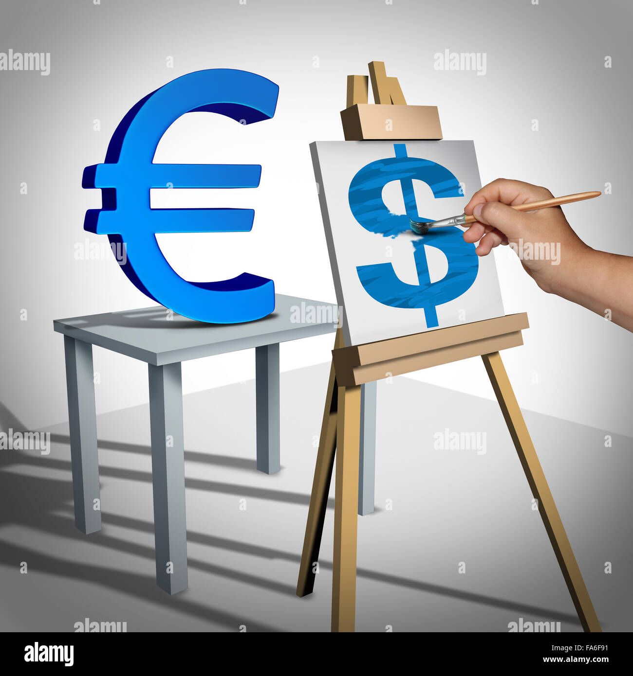 Geld Austausch und Währung Umrechnung finanzielle Geschäftskonzept als drei dimensionale Eurozeichen auf einer Leinwand gemalt Stockfoto