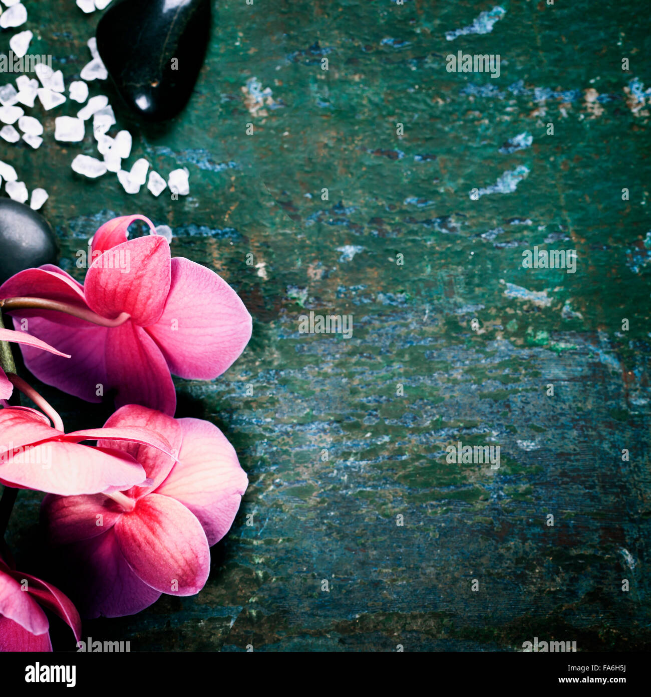 Spa-Hintergrund (rosa Orchidee, pflanzliche Kompresse Briefmarken, Meersalz, Handtuch- und massage-Steinen) Stockfoto