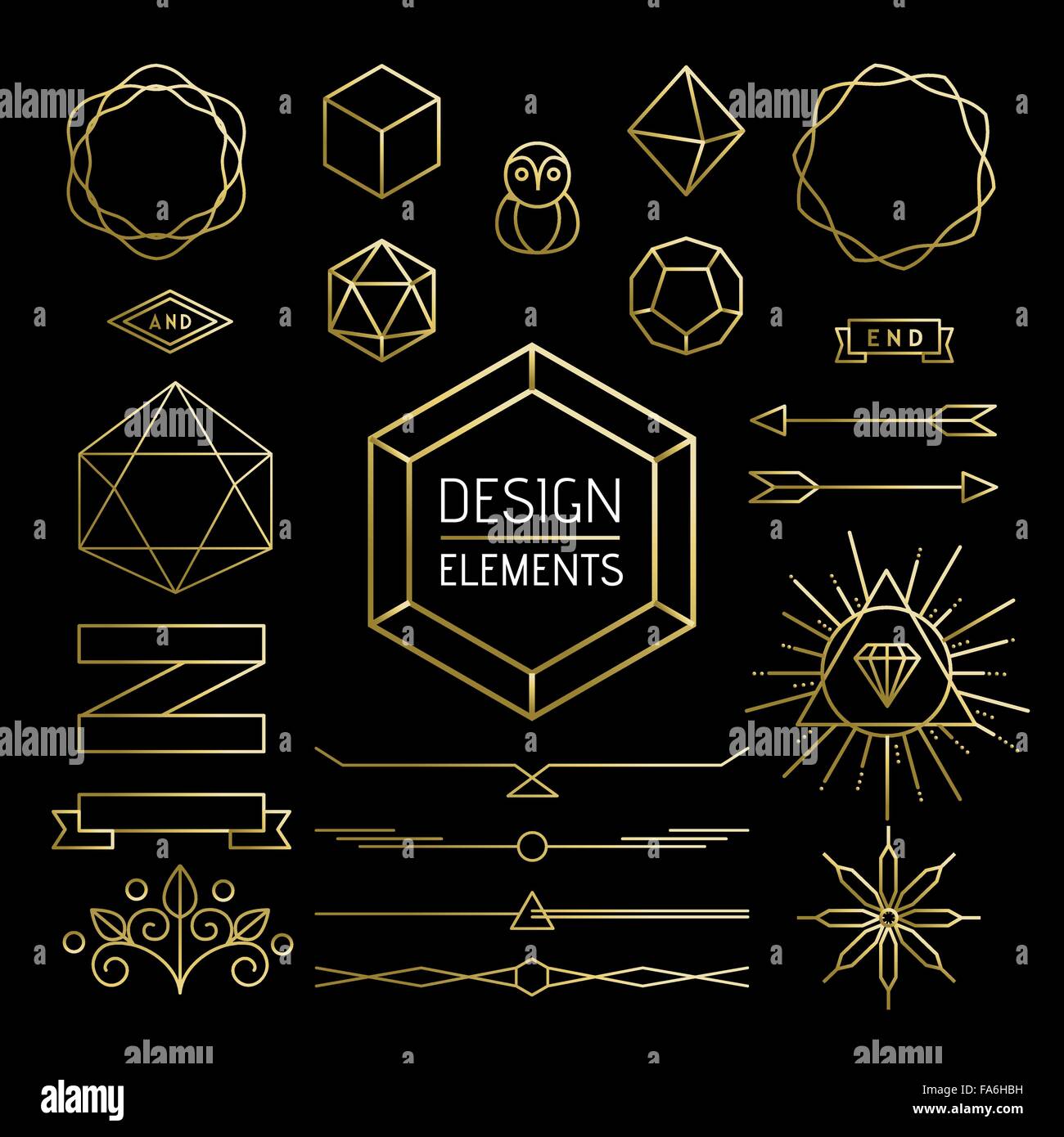 Design-Element-Kollektion, Retro-Hipster Gliederung Symbole in Goldfarbe. Enthält mono Linienstil Schriftzug Formen, Banner, Etiketten Stock Vektor