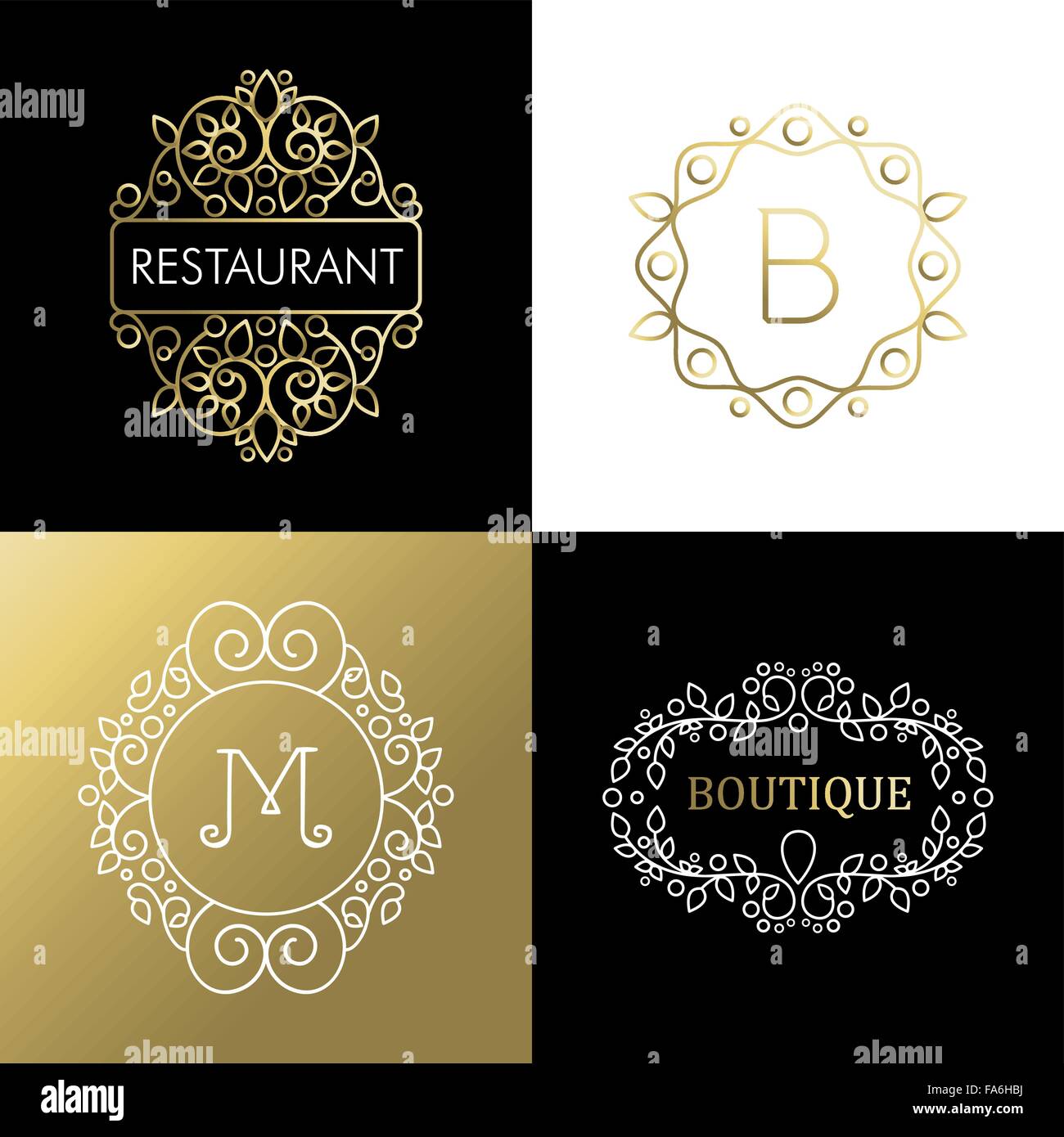 Ornamentrahmen gesetzt, mono Goldlinie Umriss Dekoration. Ideal für Geschäft Zeichen, Restaurant oder Kampagne. EPS10 Vektor. Stock Vektor