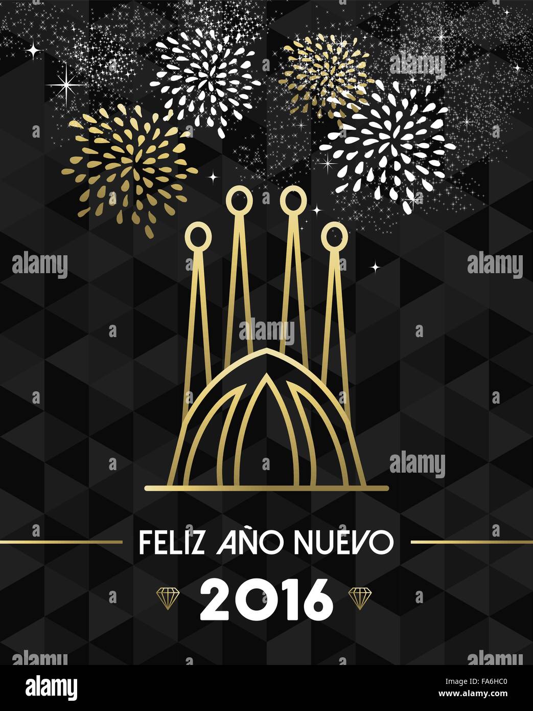 Glückliches neues Jahr 2016 Barcelona Grußkarte mit Spanien Wahrzeichen Kirche Sagrada Familia in gold Umriss-Stil. EPS10 Vektor. Stock Vektor