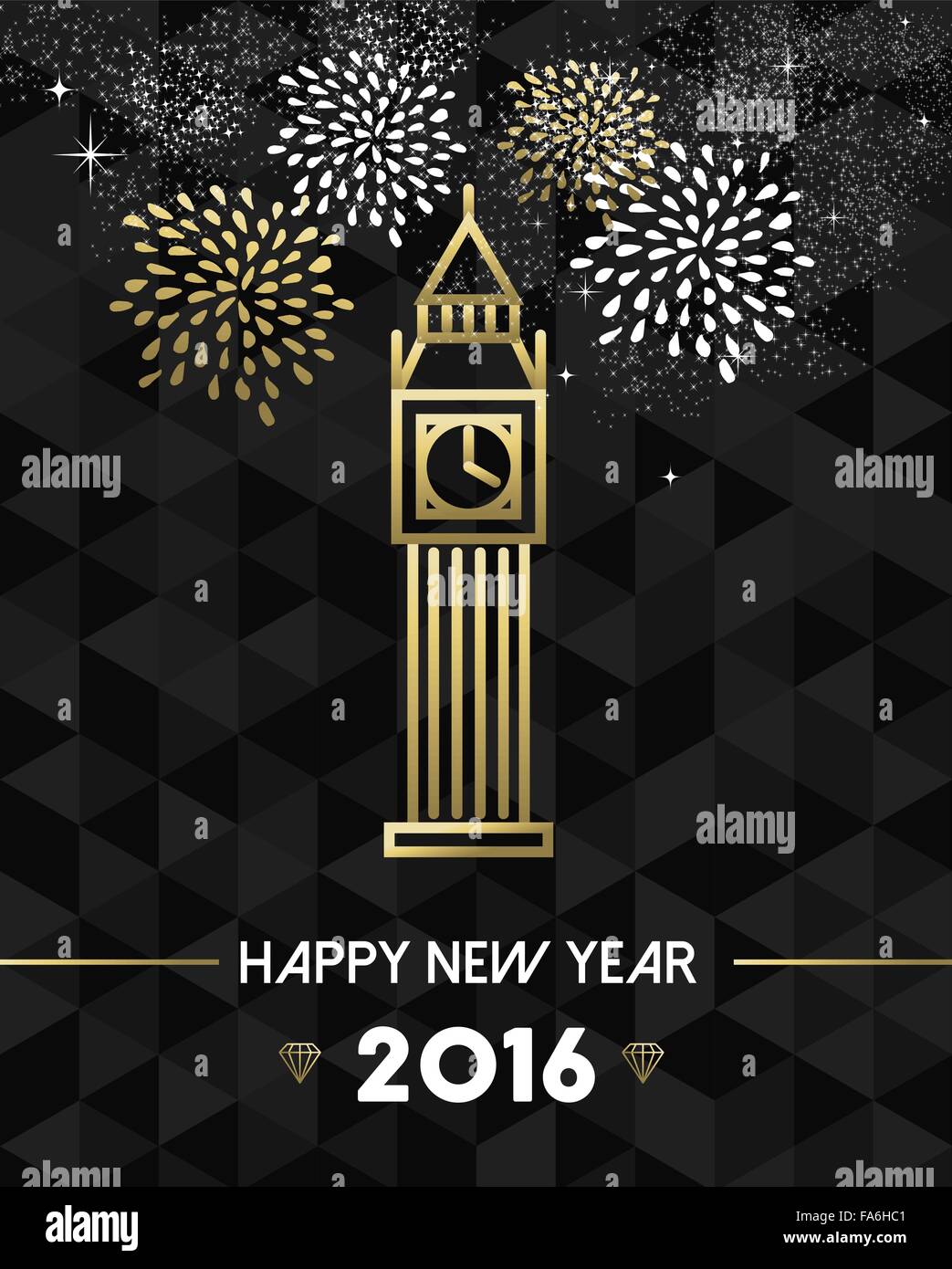 Glückliches neues Jahr 2016 London Grußkarte mit England Denkmal big Ben clock in gold Umriss-Stil. EPS10 Vektor. Stock Vektor