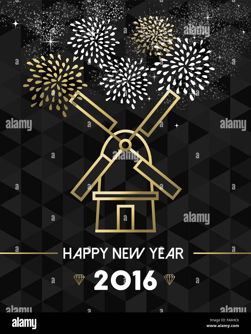 Glückliches Neujahr 2016 Niederlande Grußkarte mit traditionellen Windmühle Wahrzeichen in gold Umriss-Stil. EPS10 Vektor. Stock Vektor