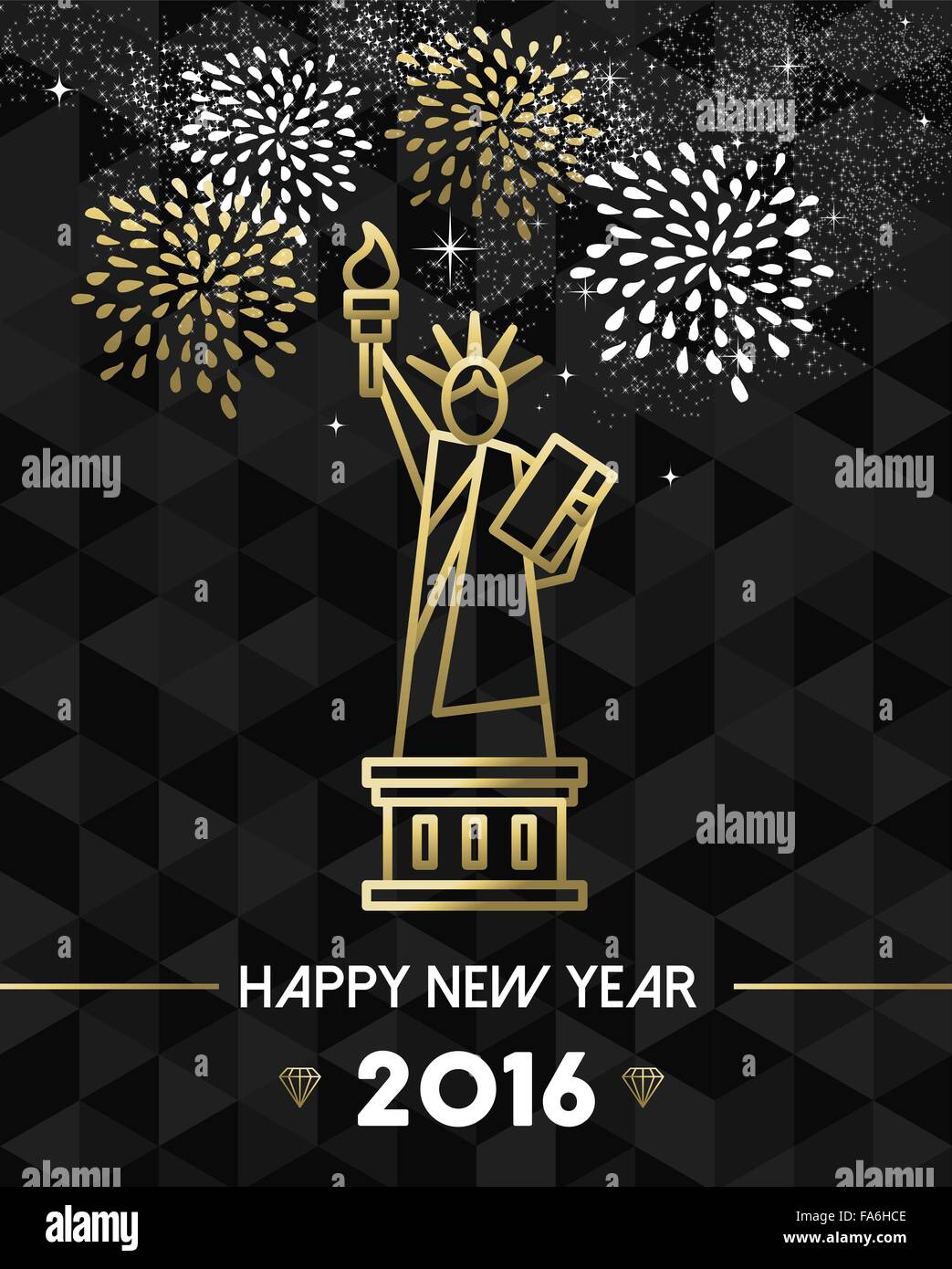 Glückliches neues Jahr 2016 New York Grußkarte mit USA USA Freiheitsstatue in gold Umriss-Stil. EPS10 Vektor. Stock Vektor
