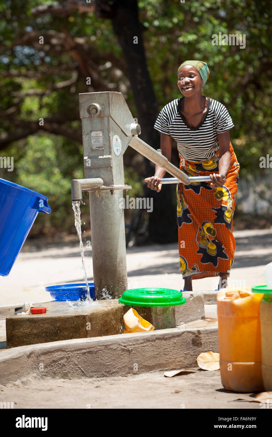 Community-Mitglieder zeichnen Sie sauberes Wasser aus dem Bohrloch in Mecupes Dorf, Norden Mosambiks. Stockfoto