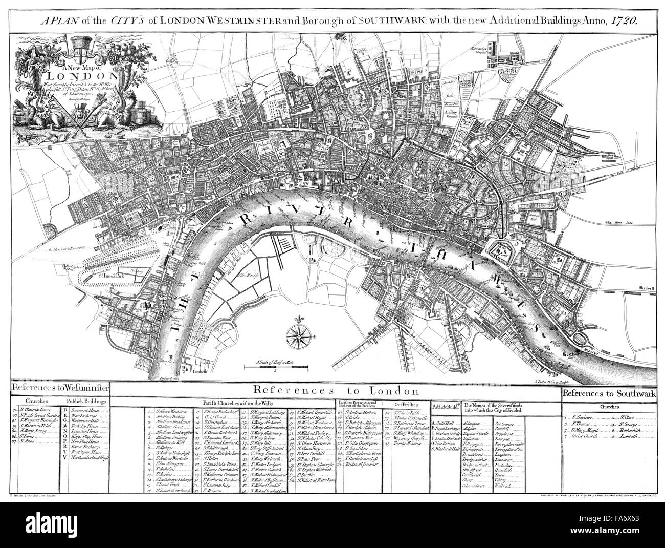 Stadtplan von London, England, 1720, attraktivem von London, 1720 Stockfoto