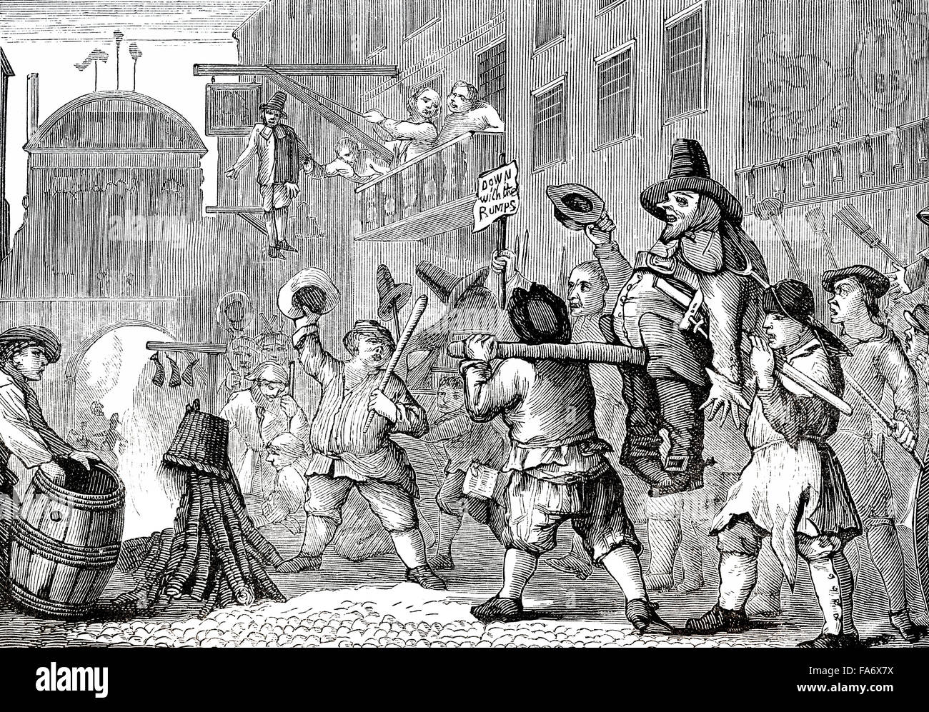 Lagerfeuer in der Fleet Street anlässlich der Wiederherstellung von Charles II 1660, mit Mitgliedern von den puritanischen Rumpfparlament verbrannt Stockfoto