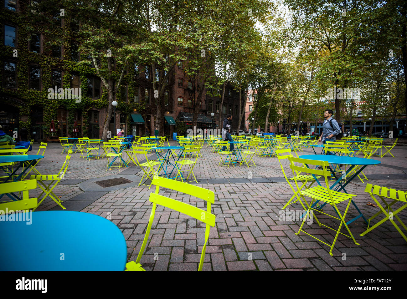 Occidental Park befindet sich im Herzen des historischen Viertels von Pioneer Square Stockfoto