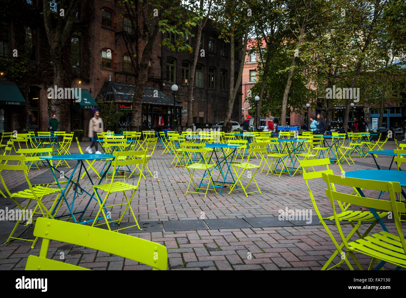 Occidental Park befindet sich im Herzen des historischen Viertels von Pioneer Square Stockfoto