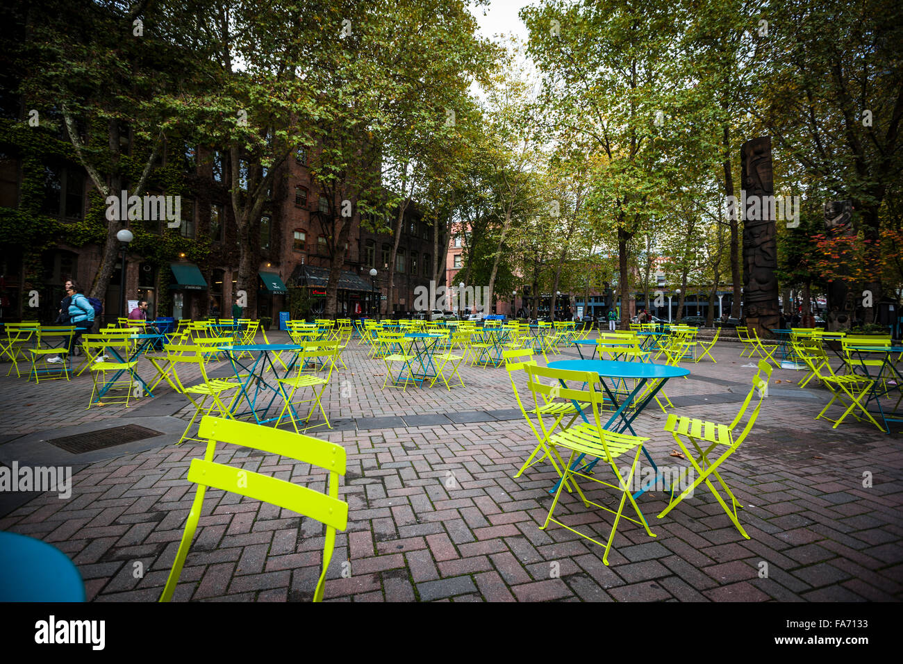 Occidental Park befindet sich im Herzen des historischen Viertels von Pioneer Square Stockfoto