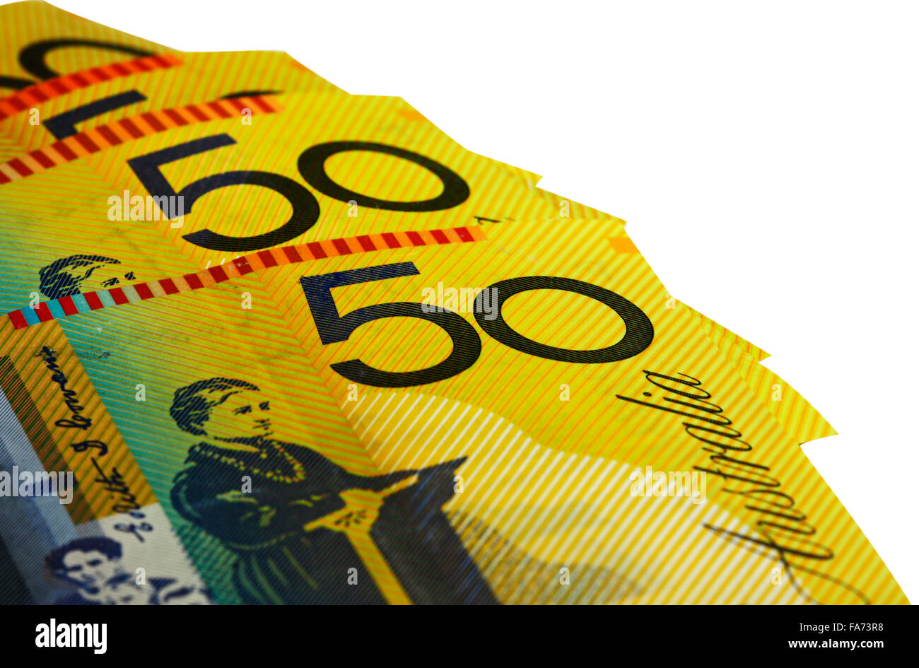 ein Haufen Geld fünfzig Dollar auf weißem Hintergrund Stockfoto