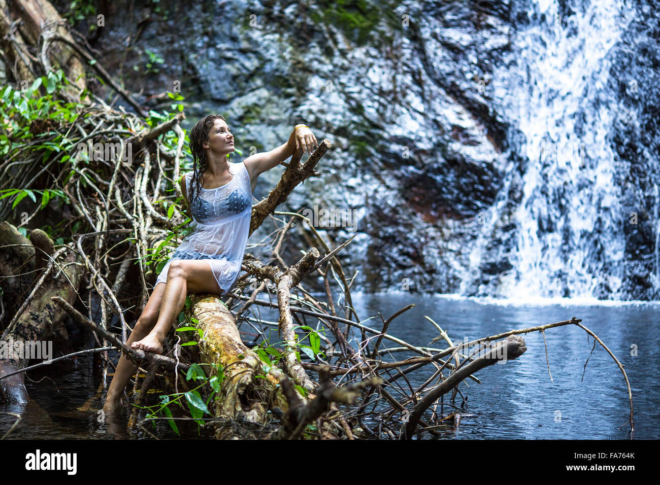 Junge Frau sitzt auf den Ästen eines Baumes in der Nähe der Wald Wasserfall Teich. Stockfoto