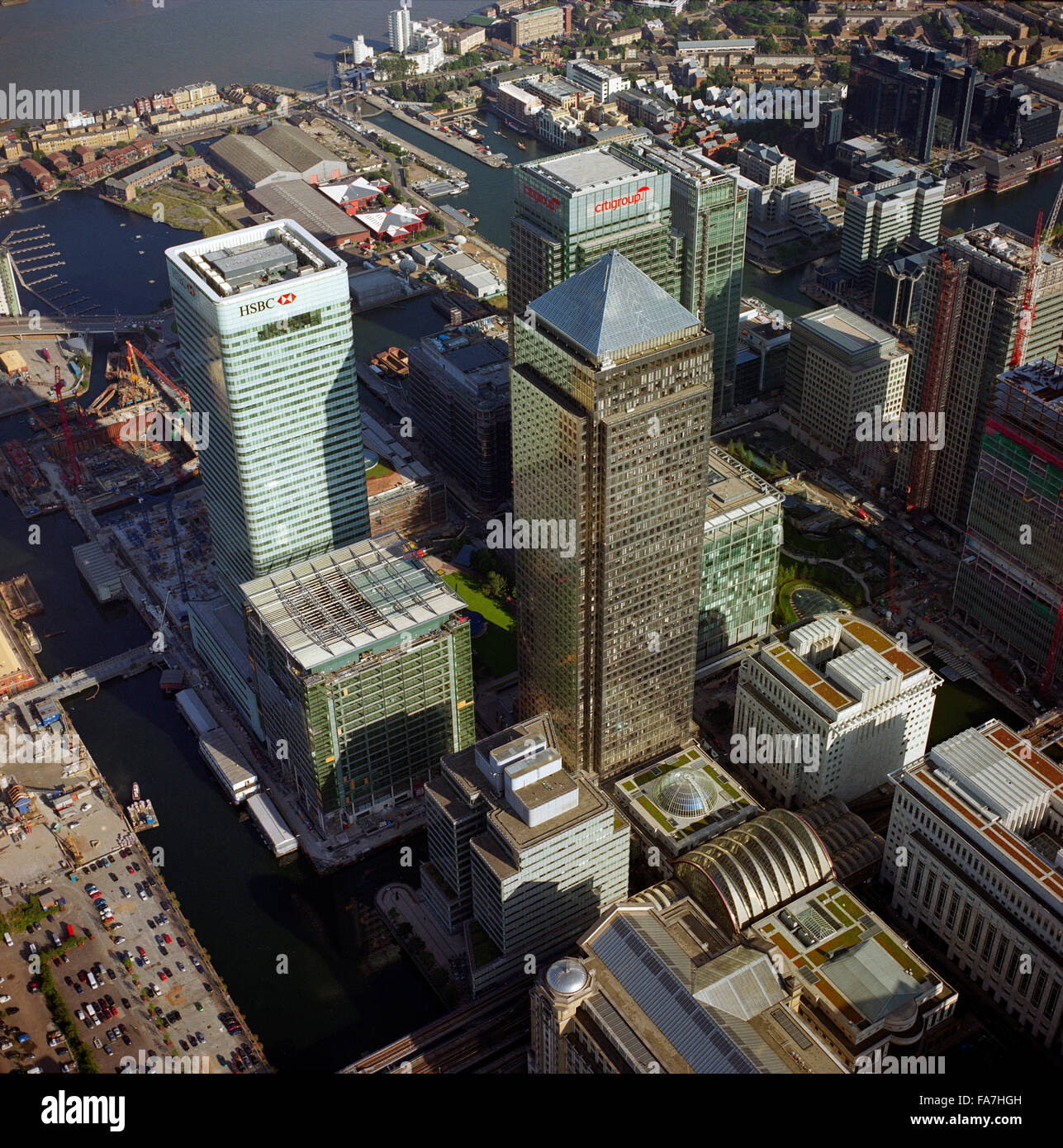 CANARY WHARF, Docklands, London. Die Türme des West India Docks. Stockfoto