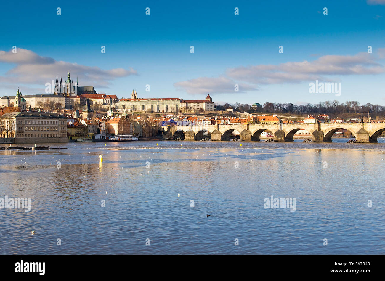 Die Aussicht auf Prager Burg genommen von der Bank mit dem Fluss Vltava und Vögel fliegen über und Karlsbrücke Stockfoto