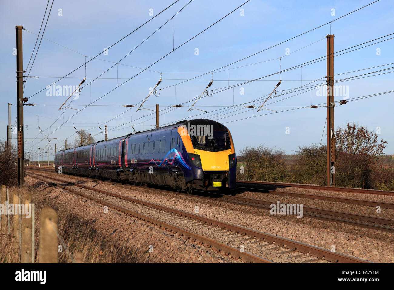 180113 Adelante Klasse trainiert erste Rumpf Betriebsgesellschaft, High Speed Diesel Train, East Coast Main Line Railway, Peterborough Stockfoto