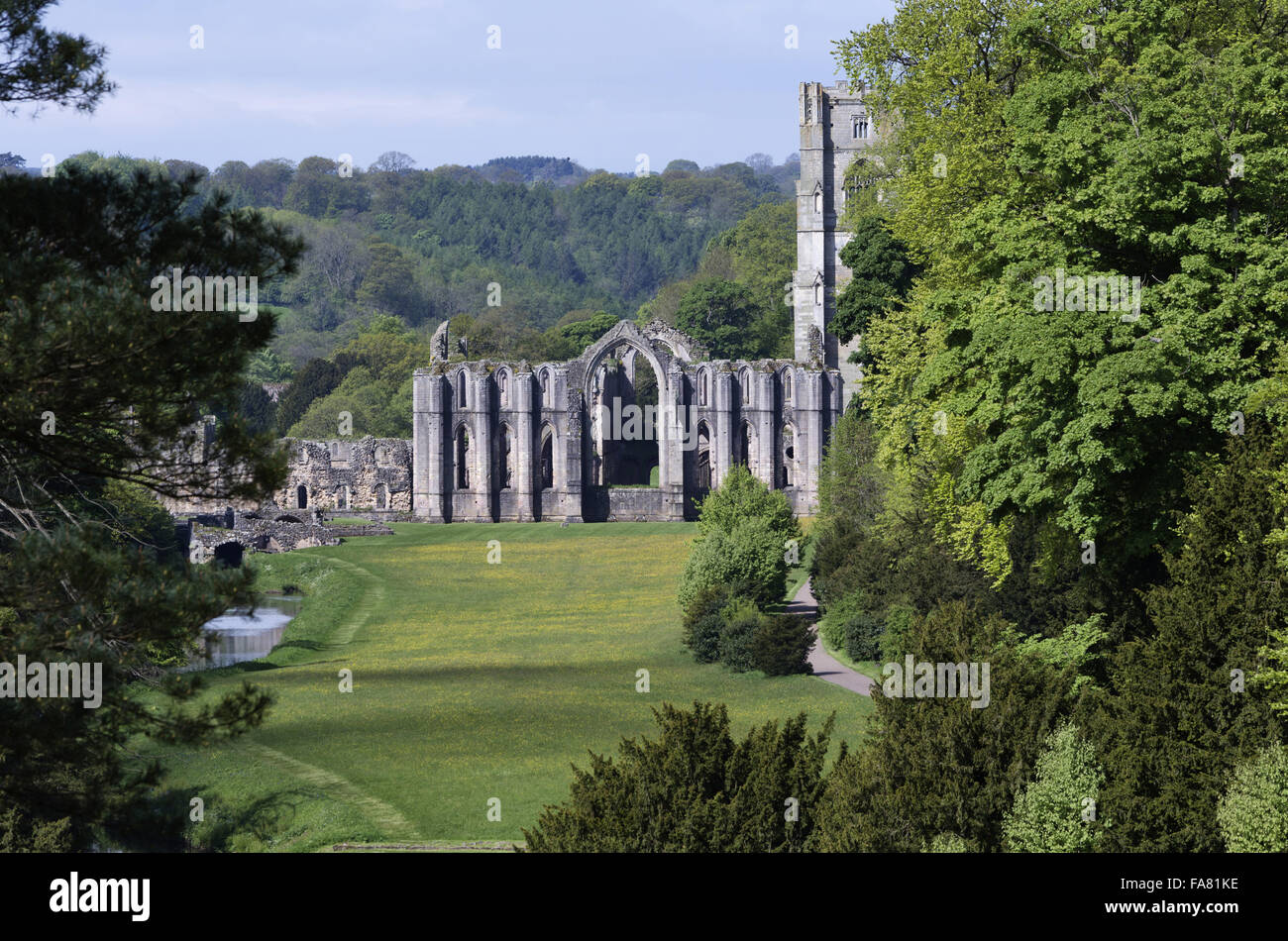 Blick auf die Fountains Abbey, North Yorkshire. Stockfoto