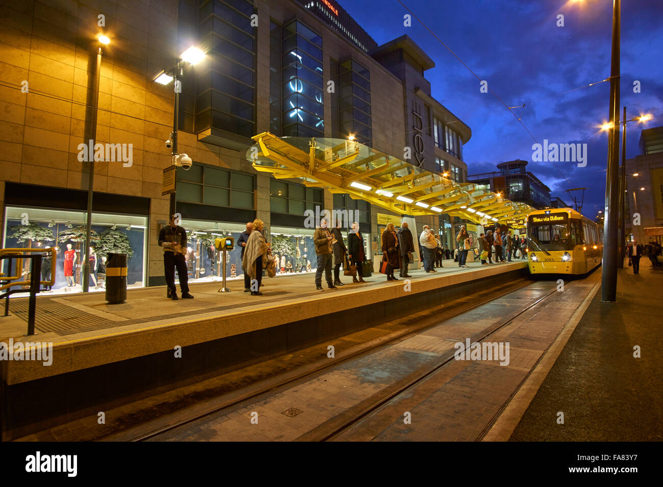 Manchester Metrolink Tram-Station am Exchange Square, Corporation Street, Manchester, Greater Manchester, England Stockfoto