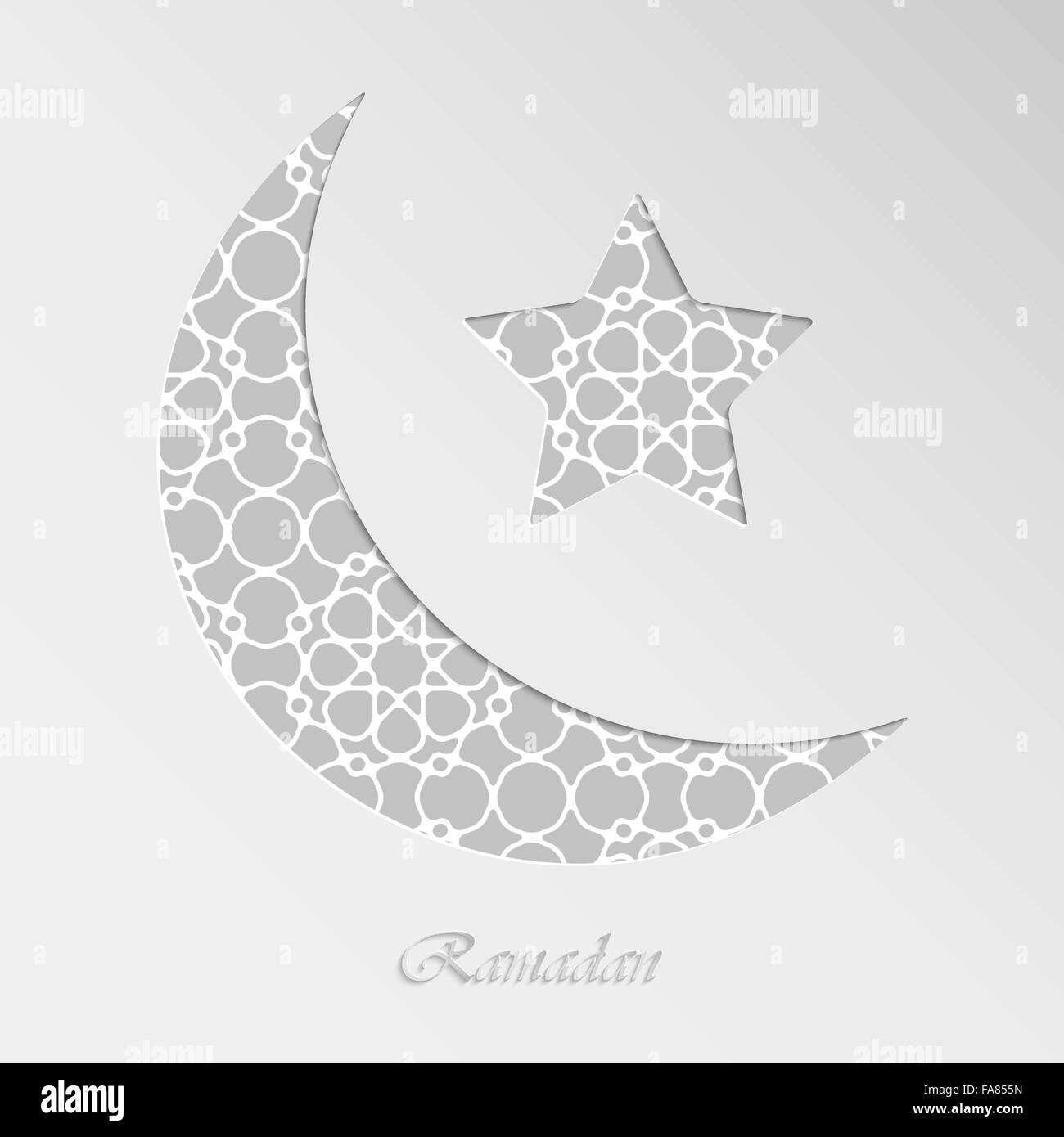 Halbmond und Stern auf Papierhintergrund mit nahtloser geometrischer islamischer Tapetenmuster für des muslimischen Fastenmonats Stock Vektor