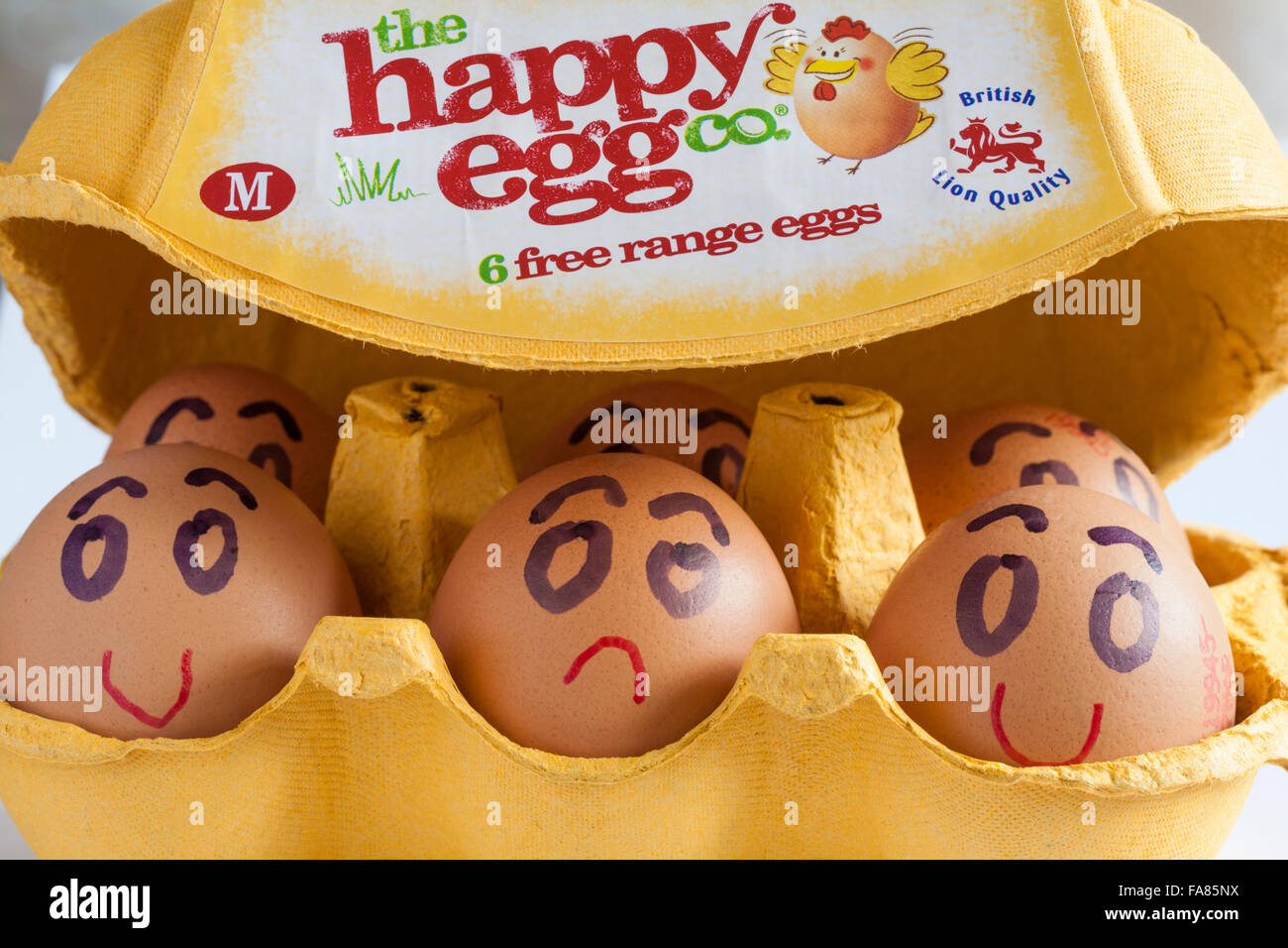 Karton mit den happy co 6 Freilandhaltung Eiern British Lion Eierqualität M mit Deckel öffnen, Inhalt mit Eiern lächelnd und traurig zu zeigen Stockfoto