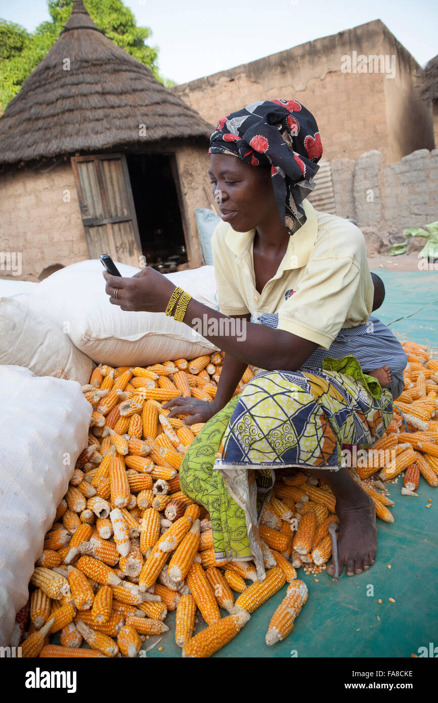Ein Landwirt nutzt Handy-Technologie zum Preisvergleich auf verschiedenen Märkten in Banfora Abteilung in Burkina Faso, Westafrika. Stockfoto