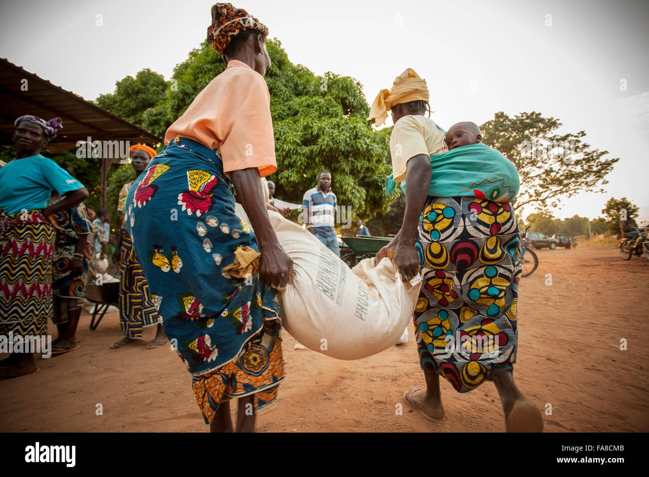 Kleinbauern erhalten Säcke von Saatgut und Dünger auf eine Verteilung in Banfora Abteilung, Burkina Faso. Stockfoto