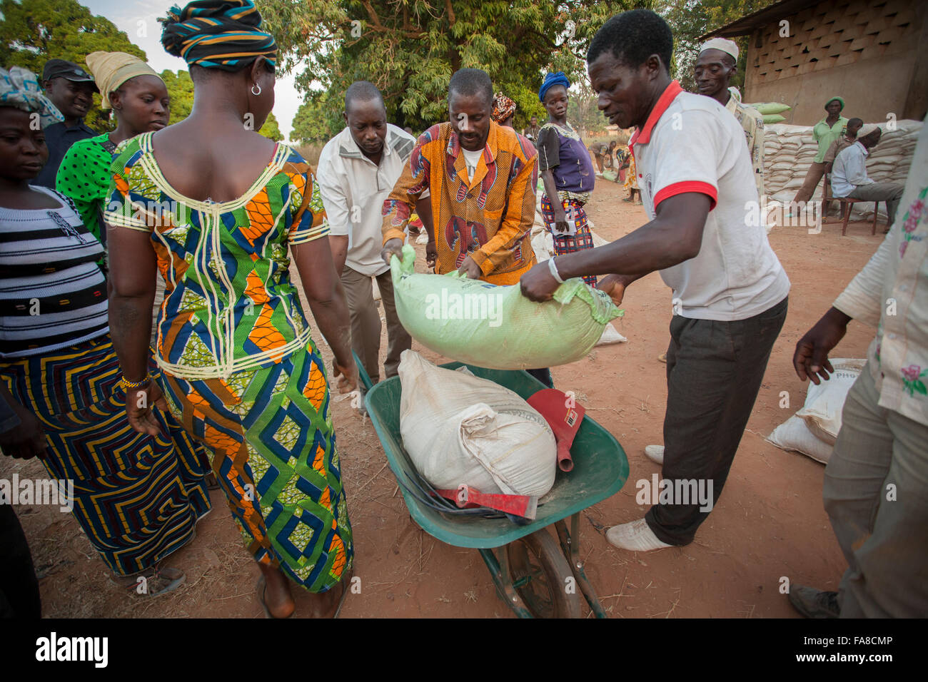 Kleinbauern erhalten Säcke von Saatgut und Dünger auf eine Verteilung in Banfora Abteilung, Burkina Faso. Stockfoto