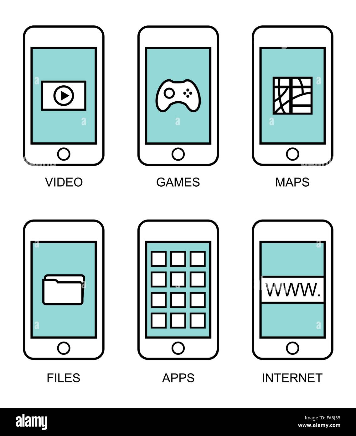 Flache Kontur moderne Smartphones mit verschiedenen Elementen der Benutzeroberfläche auf weißem Hintergrund Stock Vektor