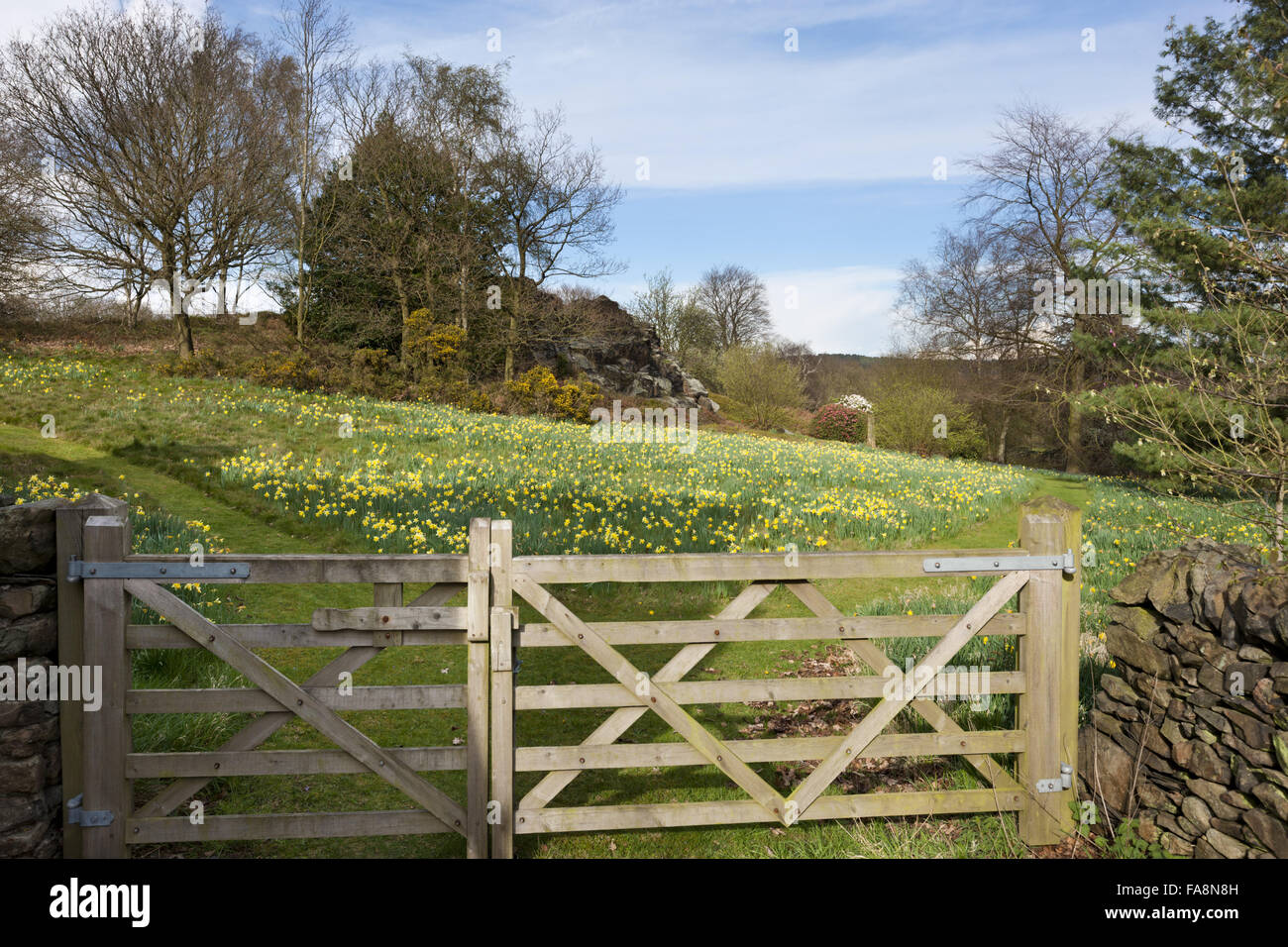 Der Felsvorsprung, gesehen von der Stableblock am Stoneywell, Leicestershire. Stockfoto